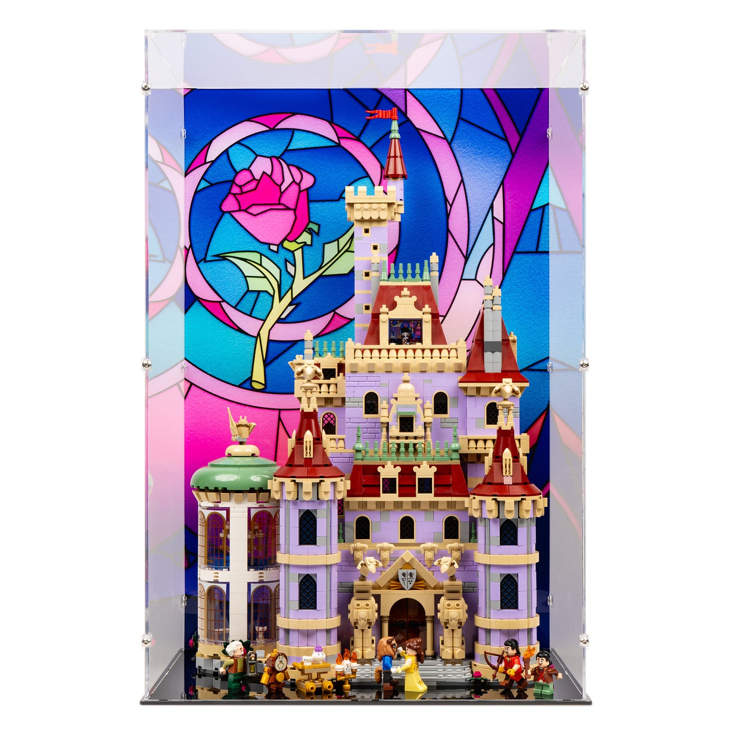 Front view of LEGO 43263 Beauty and the Beast Castle Display Case with a UV printed background.