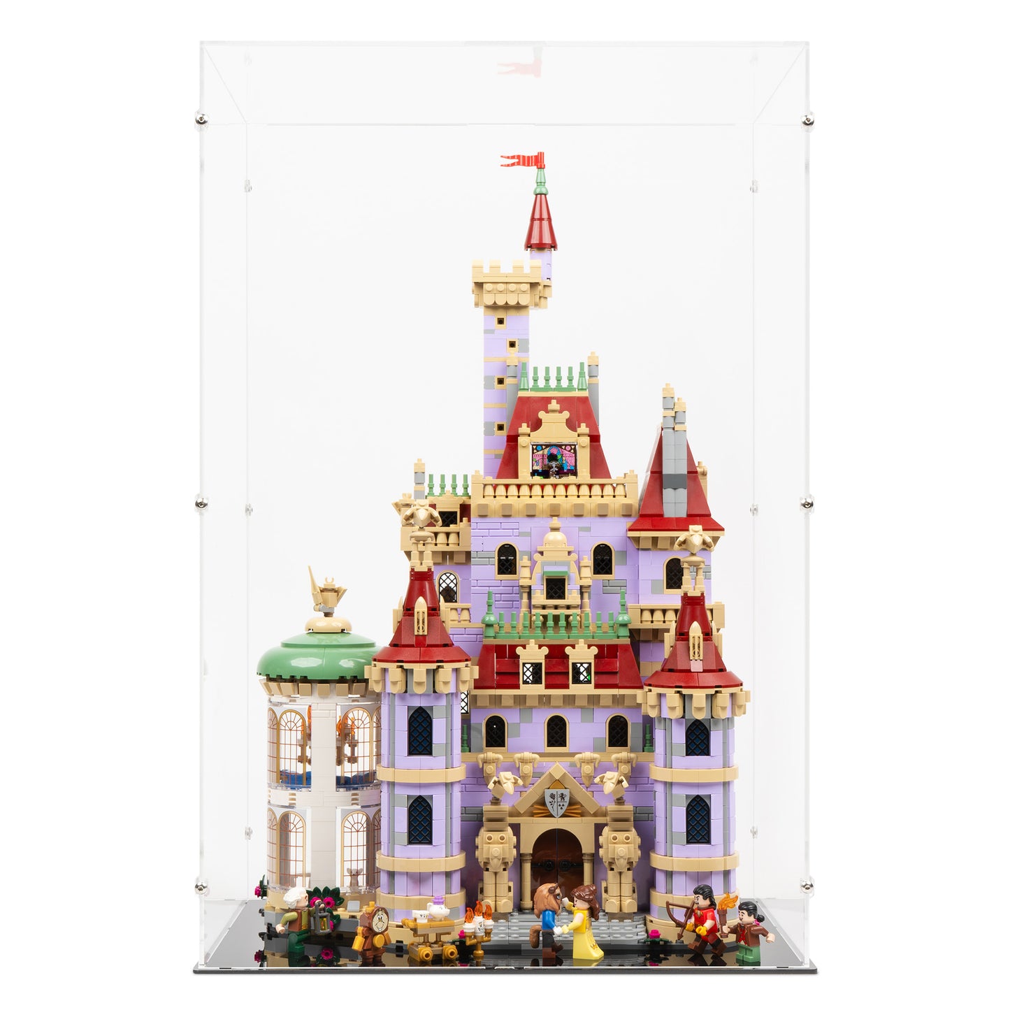 Front view of LEGO 43263 Beauty and the Beast Castle Display Case.