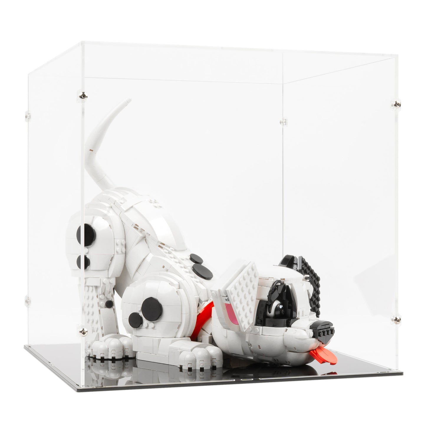 Angled view of LEGO 43269 101 Dalmatians Puppy Display Case.
