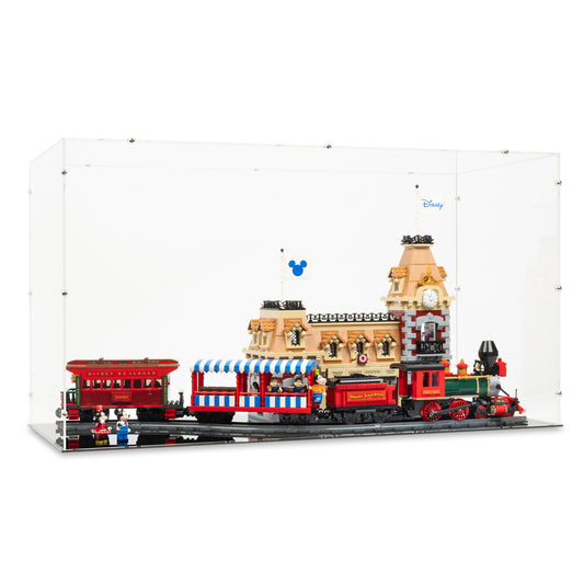 Angled view of LEGO 71044 Disney Train and Station Display Case.