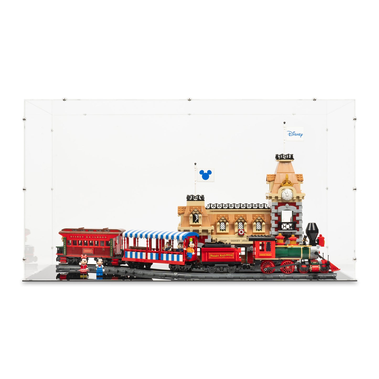 Front view of LEGO 71044 Disney Train and Station Display Case.