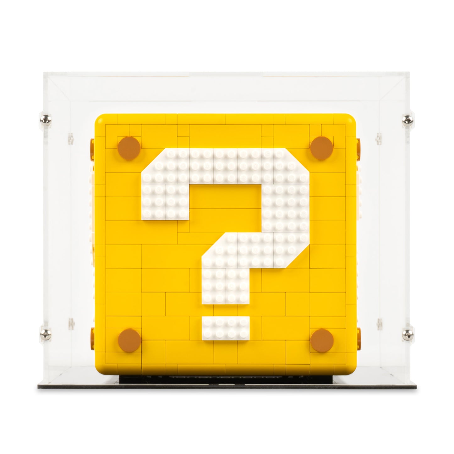 Front view of LEGO 71395 Super Mario 64 Question Mark Block Display Case in the closed position.