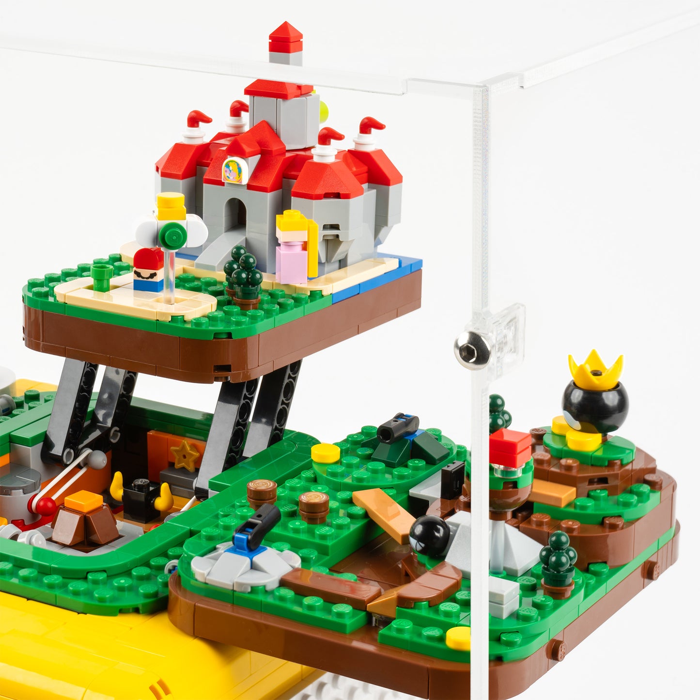 Fitting detail view of LEGO 71395 Super Mario 64 Question Mark Block Display Case in the open position.
