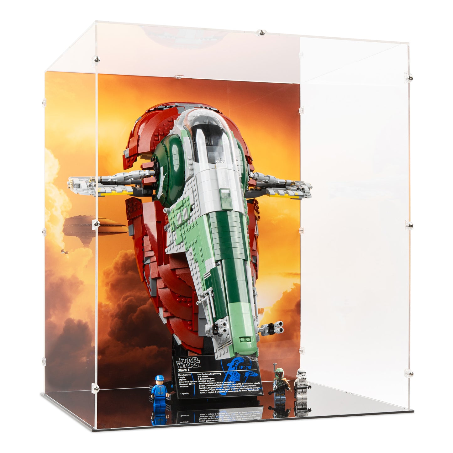 Angled view of LEGO 75060 UCS Slave I Display Case with a UV printed background.