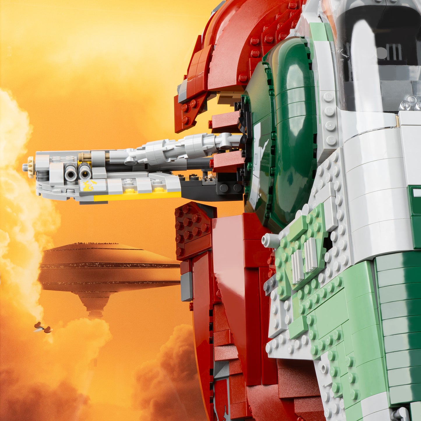 Cloud City detail view of LEGO 75060 UCS Slave I Display Case with a UV printed background.