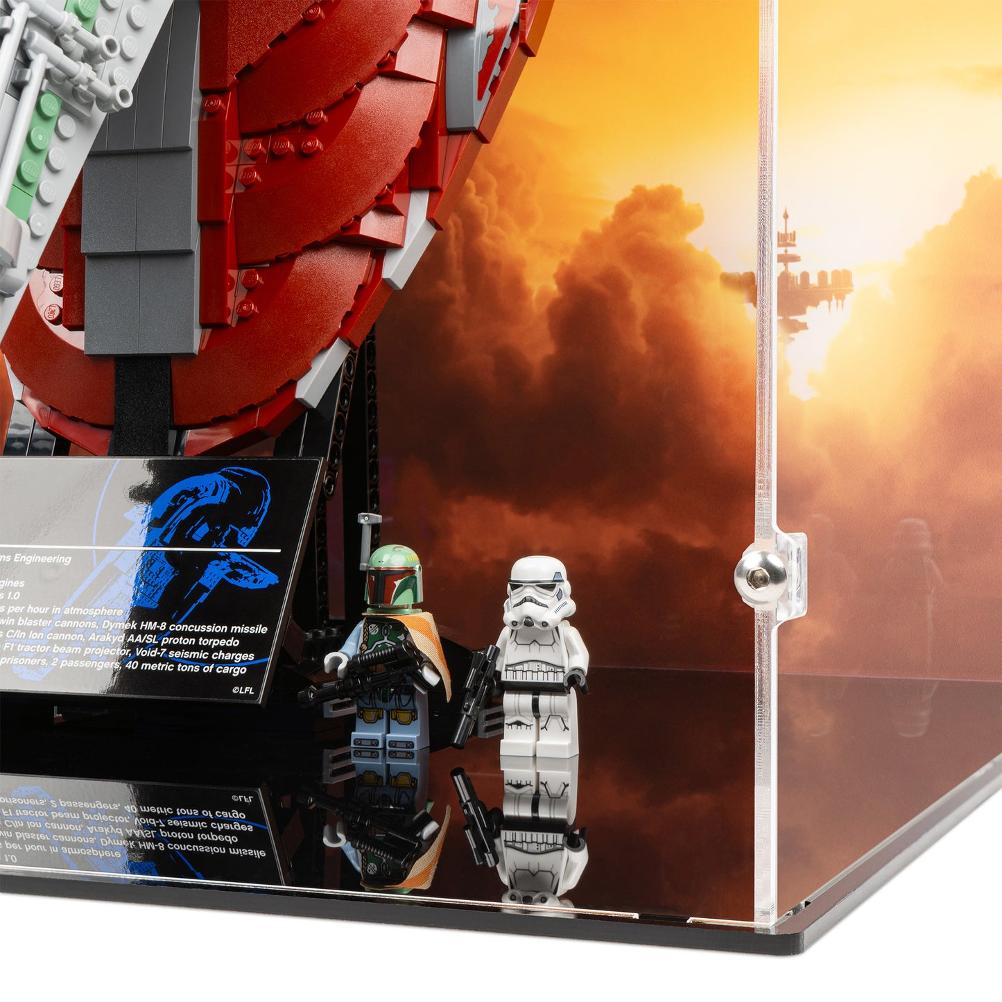 Fitting detail view of LEGO 75060 UCS Slave I Display Case with a UV printed background.