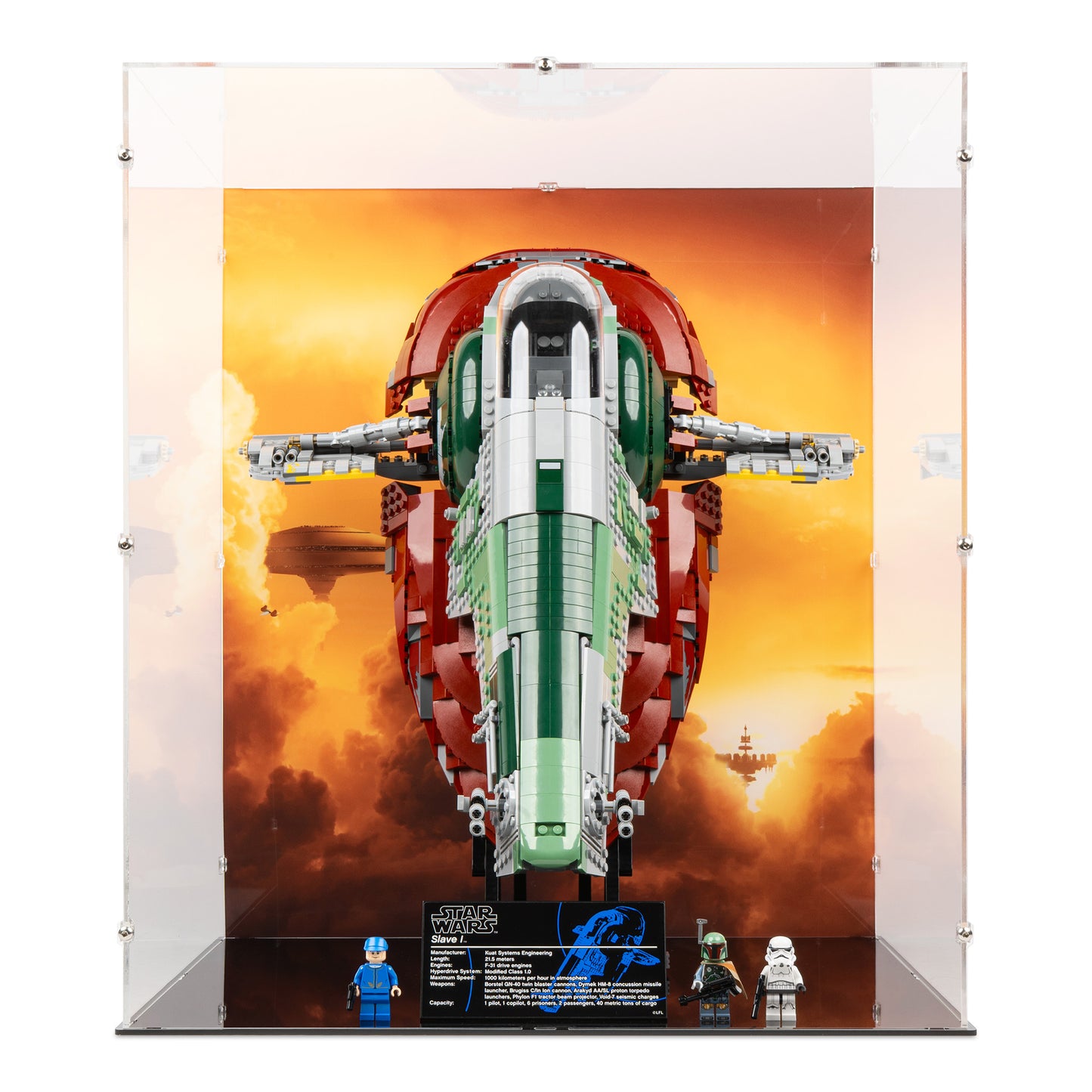 Front view of LEGO 75060 UCS Slave I Display Case with a UV printed background.