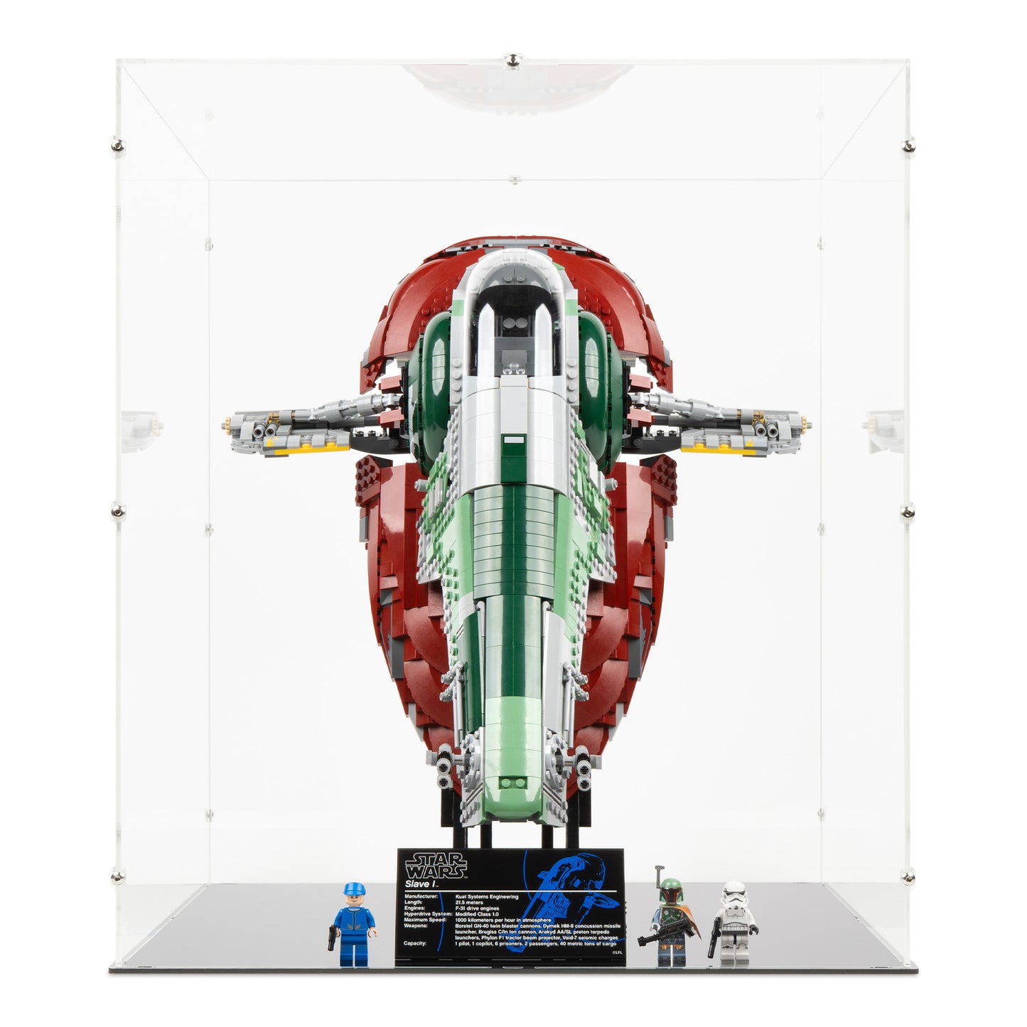 Front view of LEGO 75060 UCS Slave I Display Case.