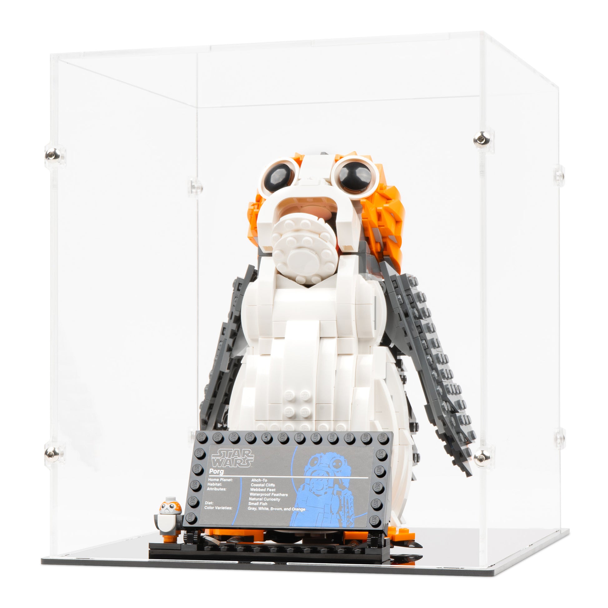 Angled view of LEGO 75230 Porg Display Case.