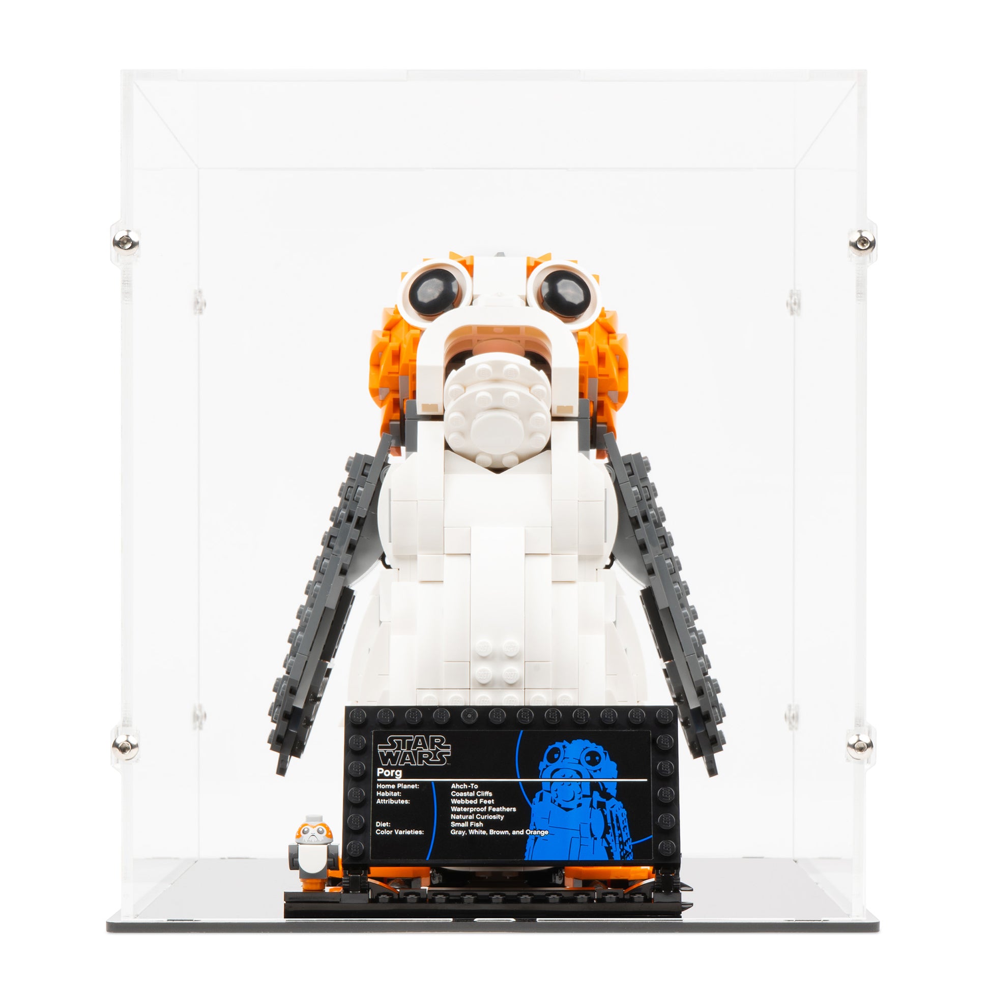 Front view of LEGO 75230 Porg Display Case.