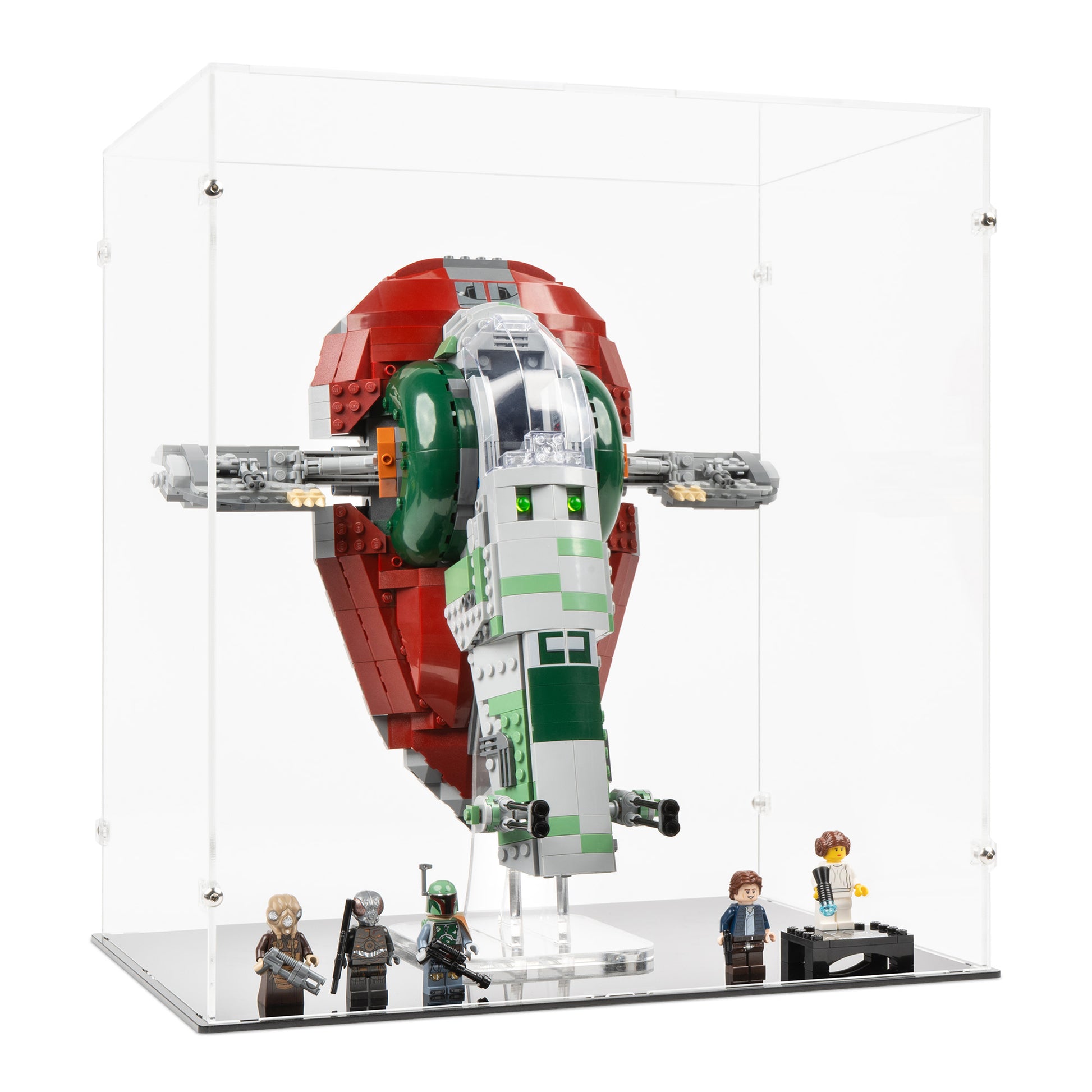 Angled view of LEGO 75243 Slave I – 20th Anniversary Edition Display Case and Stand.