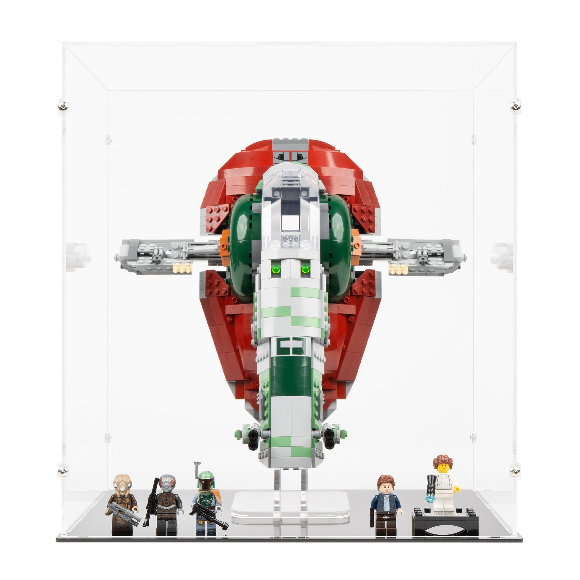 Front view of LEGO 75243 Slave I – 20th Anniversary Edition Display Case and Stand.