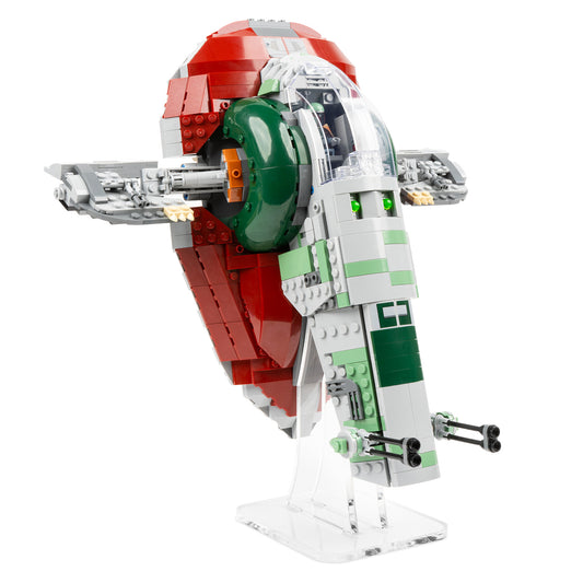 Angled view of LEGO 75243 Slave I – 20th Anniversary Edition Display Stand.