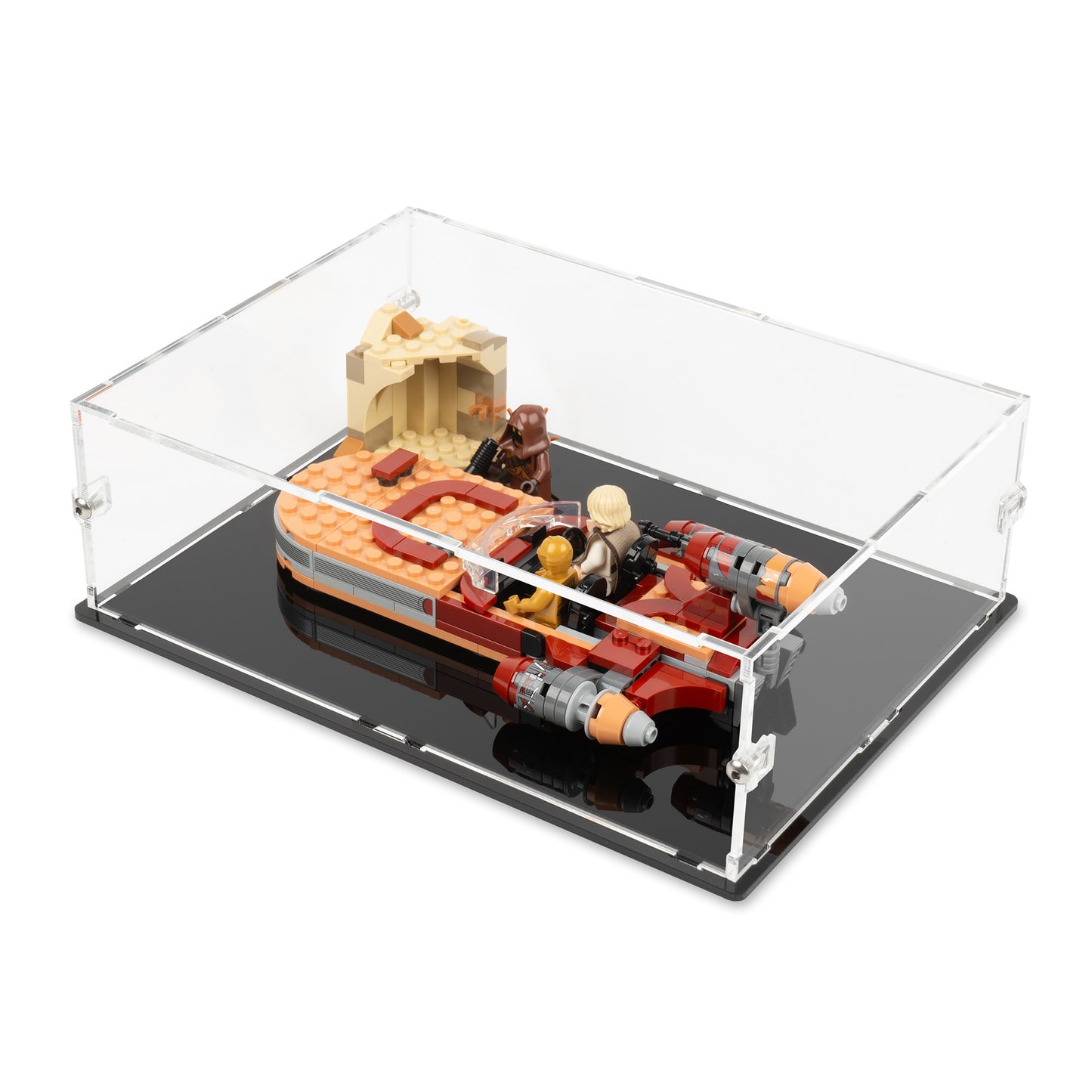 Angled top right view of LEGO 75271 Luke Skywalker's Landspeeder Display Case.