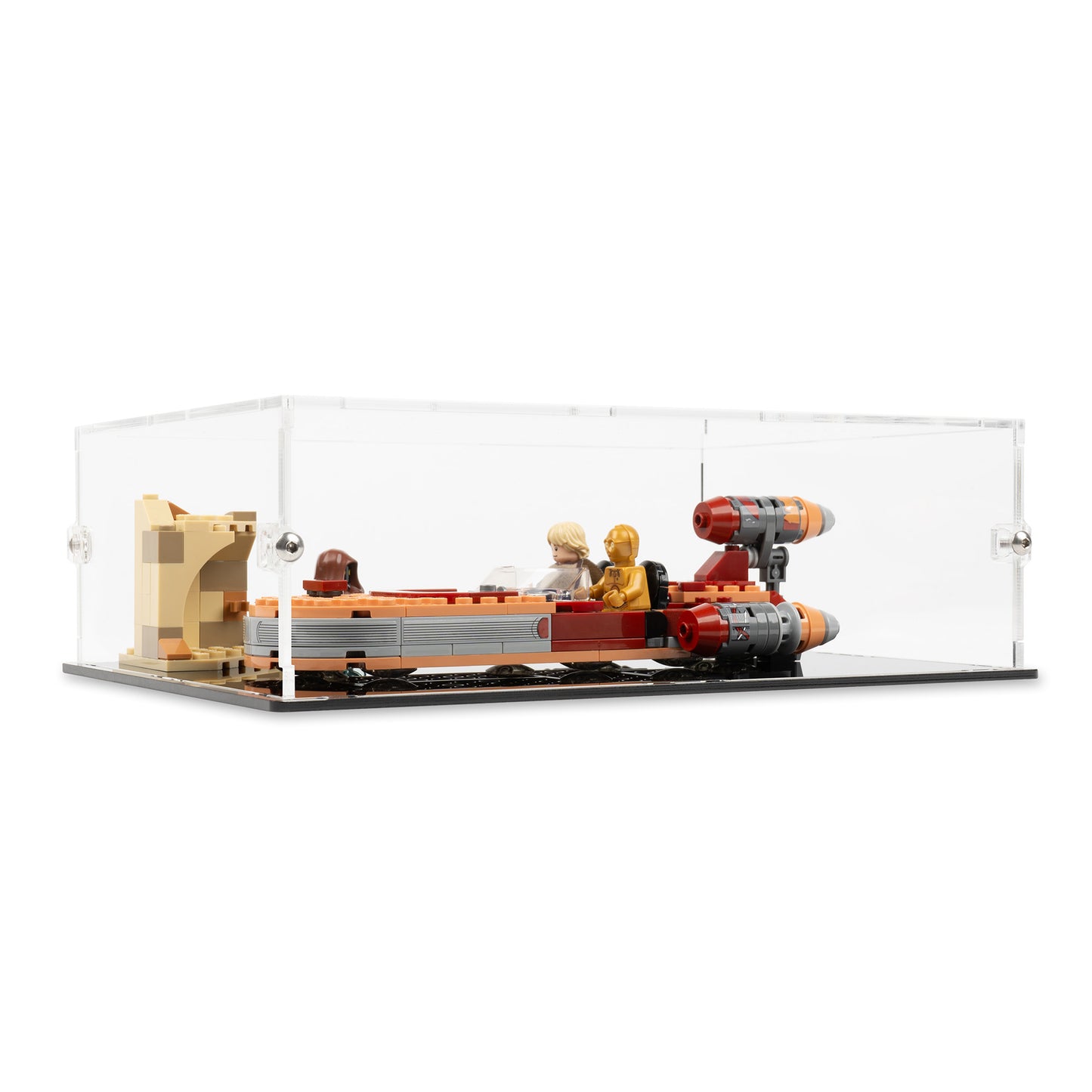 Angled view of LEGO 75271 Luke Skywalker's Landspeeder Display Case.