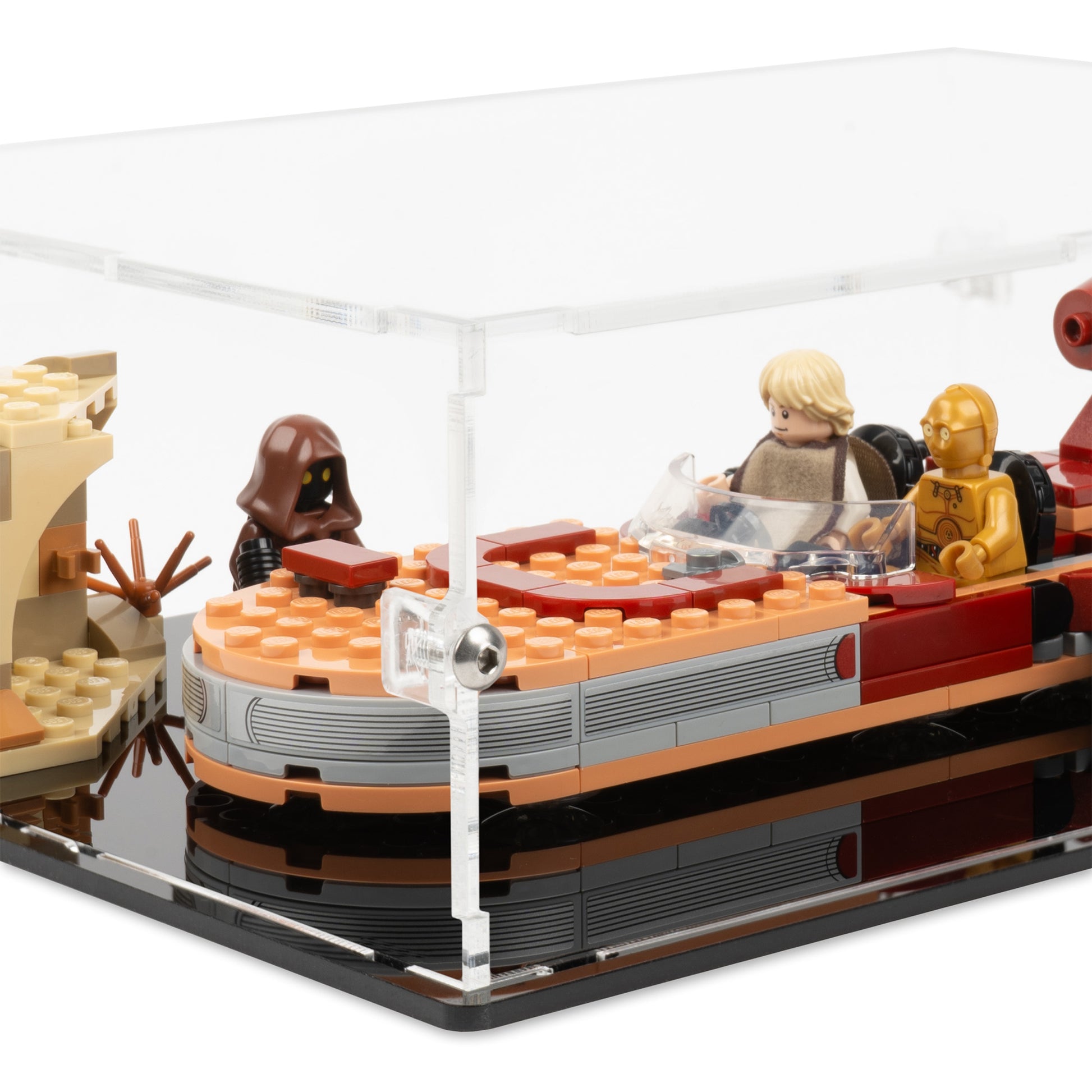 Fitting detail view of LEGO 75271 Luke Skywalker's Landspeeder Display Case.