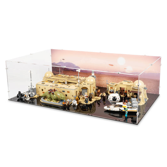 Angled top view of LEGO 75290 Mos Eisley Cantina Display Case with a UV printed background.