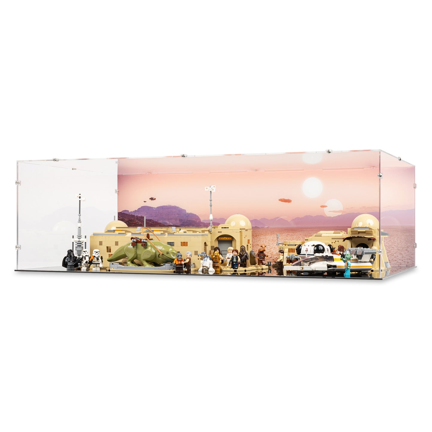 Angled view of LEGO 75290 Mos Eisley Cantina Display Case with a UV printed background.