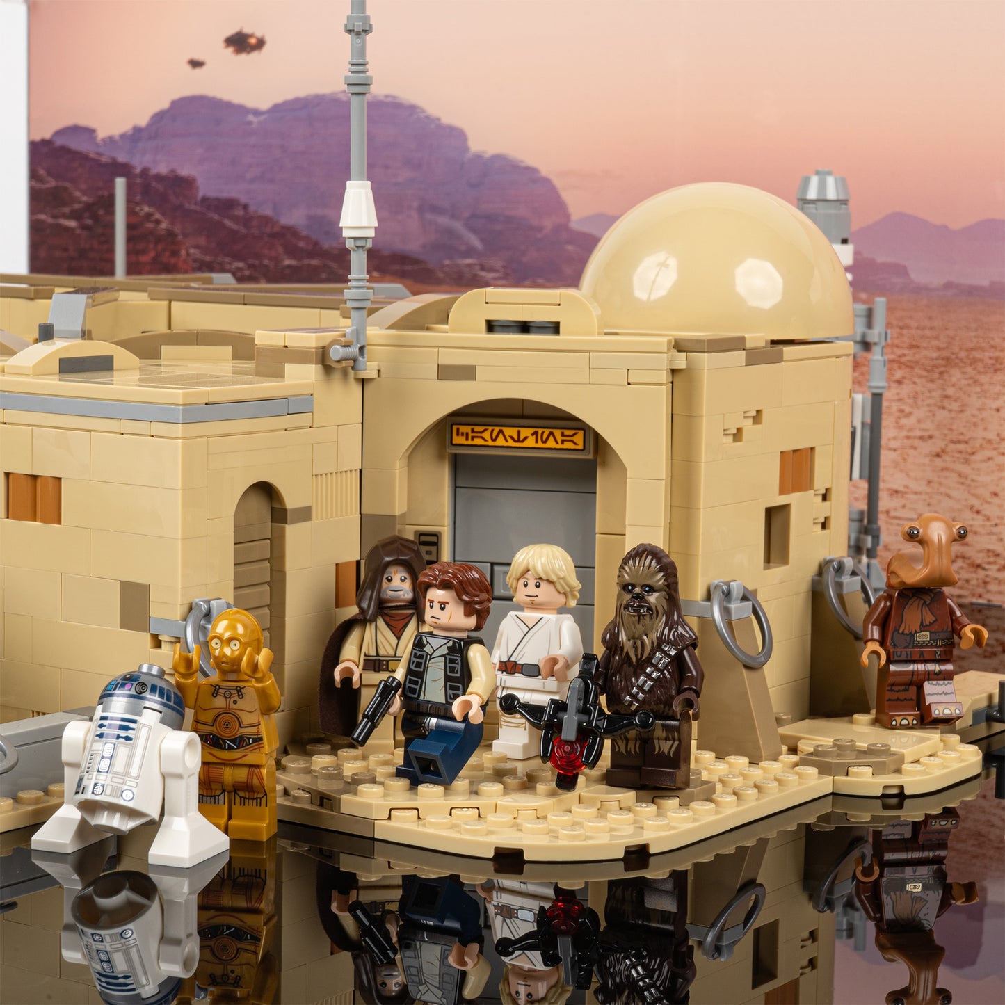 Entrance detail view of LEGO 75290 Mos Eisley Cantina Display Case with a UV printed background.
