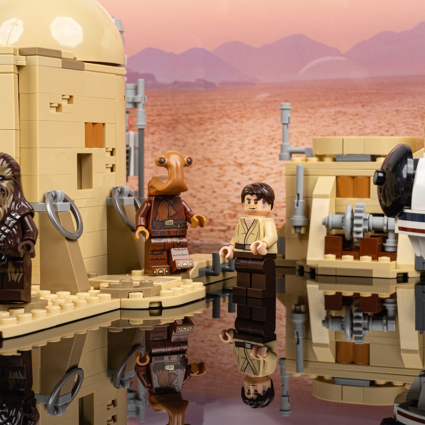 Alley detail view of LEGO 75290 Mos Eisley Cantina Display Case with a UV printed background.