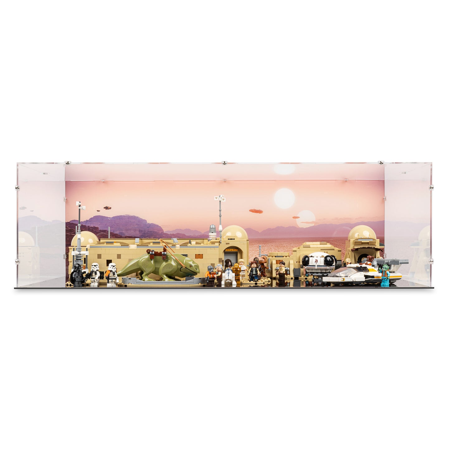 Front view of LEGO 75290 Mos Eisley Cantina Display Case with a UV printed background.