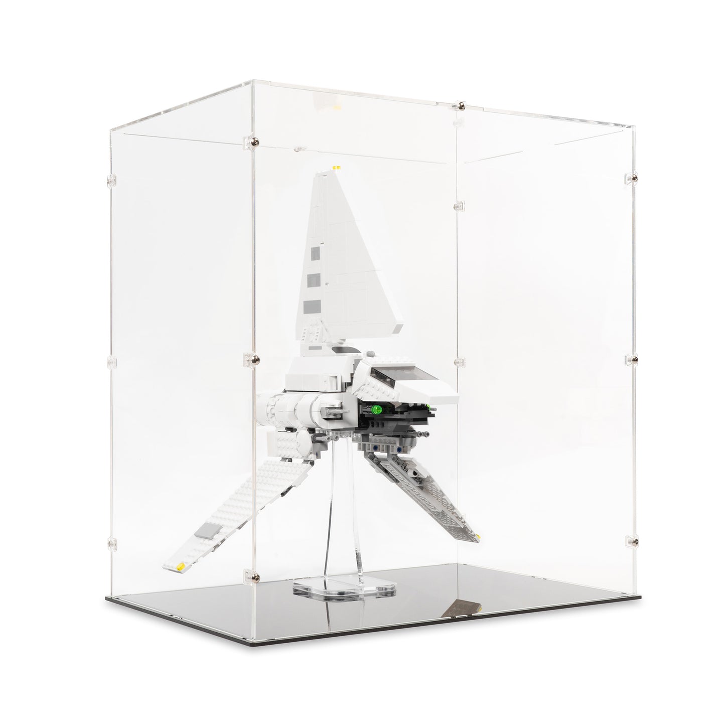 Angled view of LEGO 75302 Imperial Shuttle Display Case and Stand.