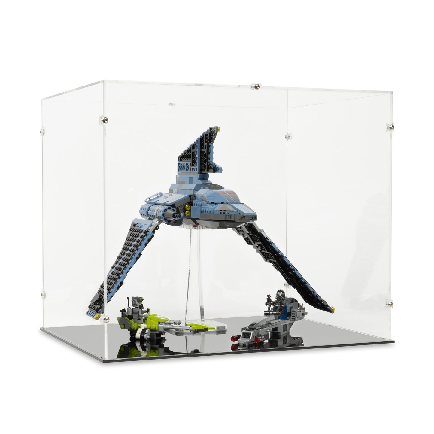 Angled view of LEGO 75314 The Bad Batch Attack Shuttle Display Case & Stand.