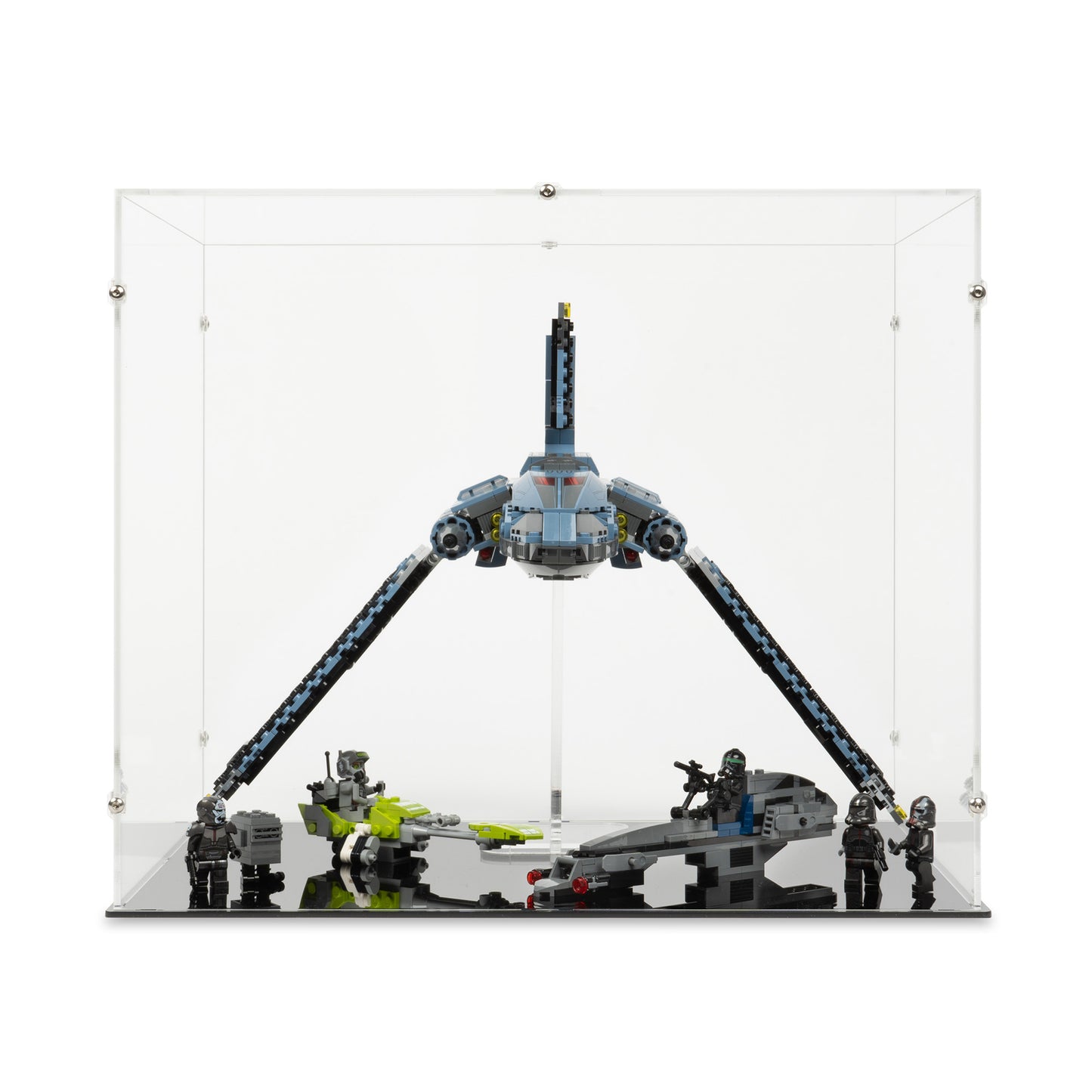 Front view of LEGO 75314 The Bad Batch Attack Shuttle Display Case & Stand.