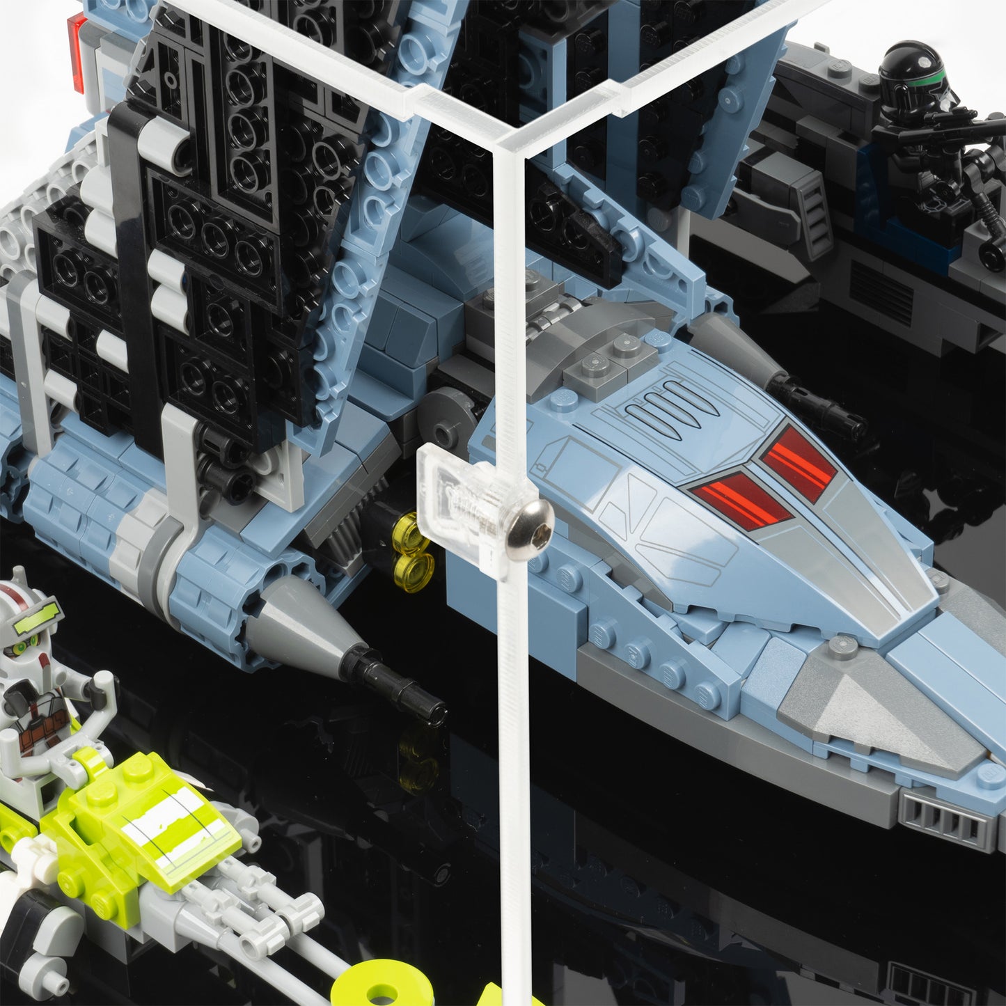 Fitting detail view of LEGO 75314 The Bad Batch Attack Shuttle Display Case.