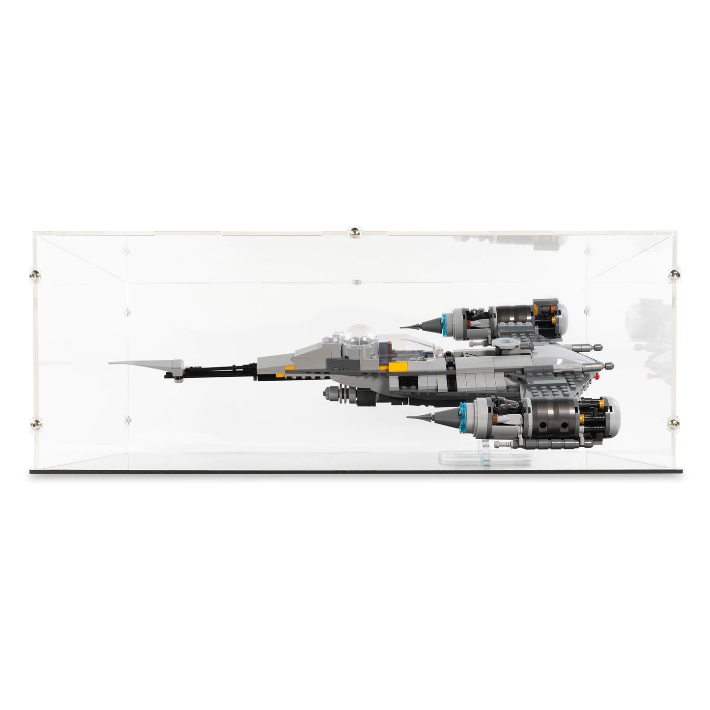 Front view of LEGO 75325 The Mandalorian's N-1 Starfighter Display Case and Angled Stand.