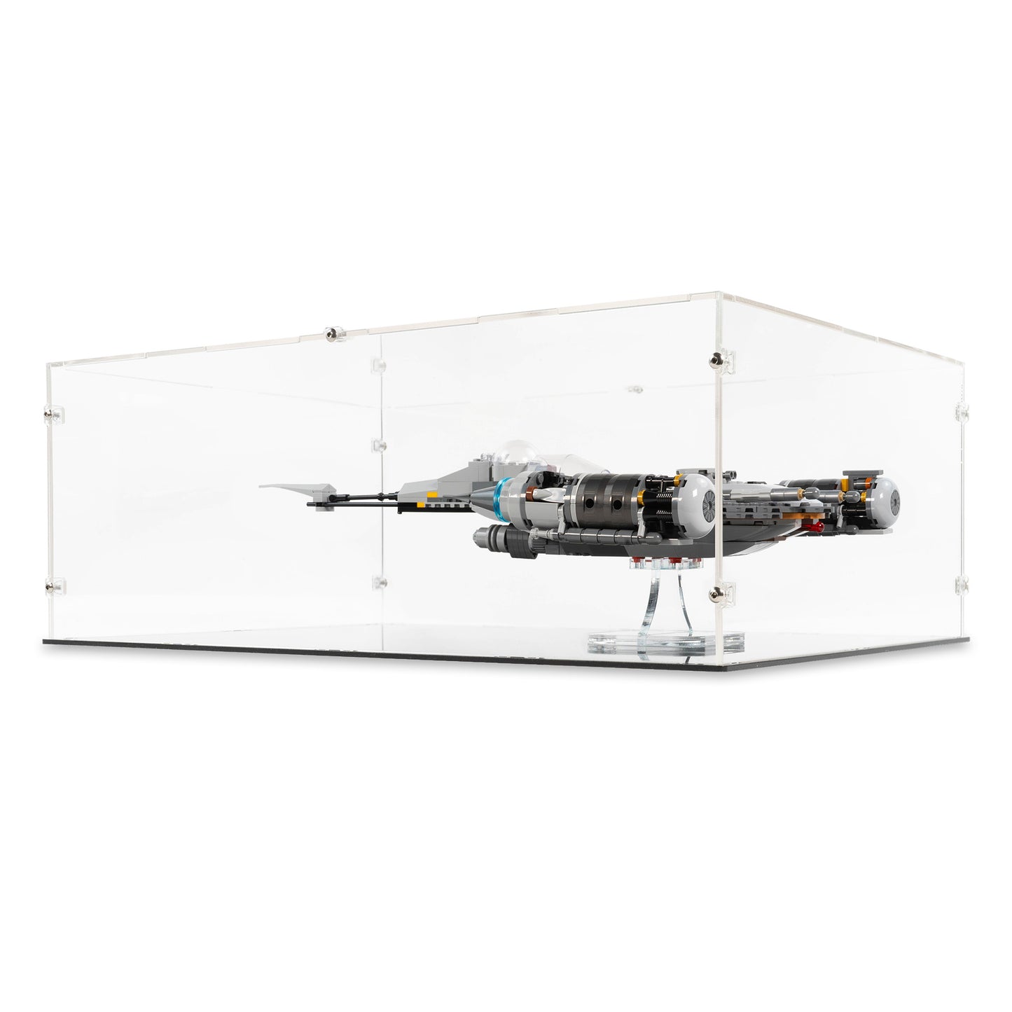 Angled view of LEGO 75325 The Mandalorian's N-1 Starfighter Display Case and Flat Stand.