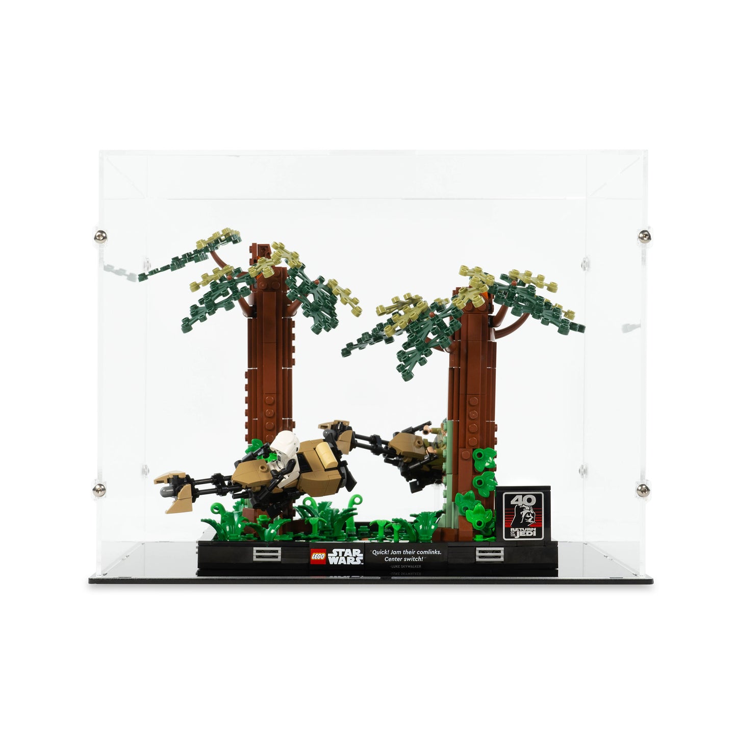 Front view of LEGO 75353 Endor Speeder Chase Diorama Display Case.