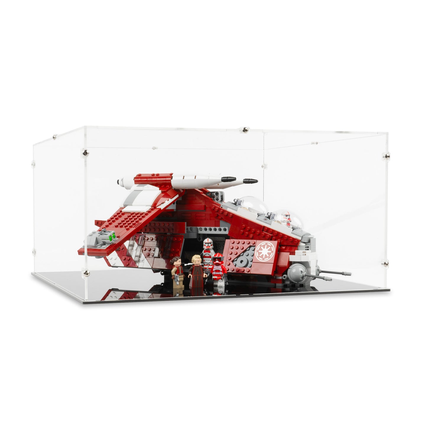 Angled view of LEGO 75354 Coruscant Guard Gunship Display Case.
