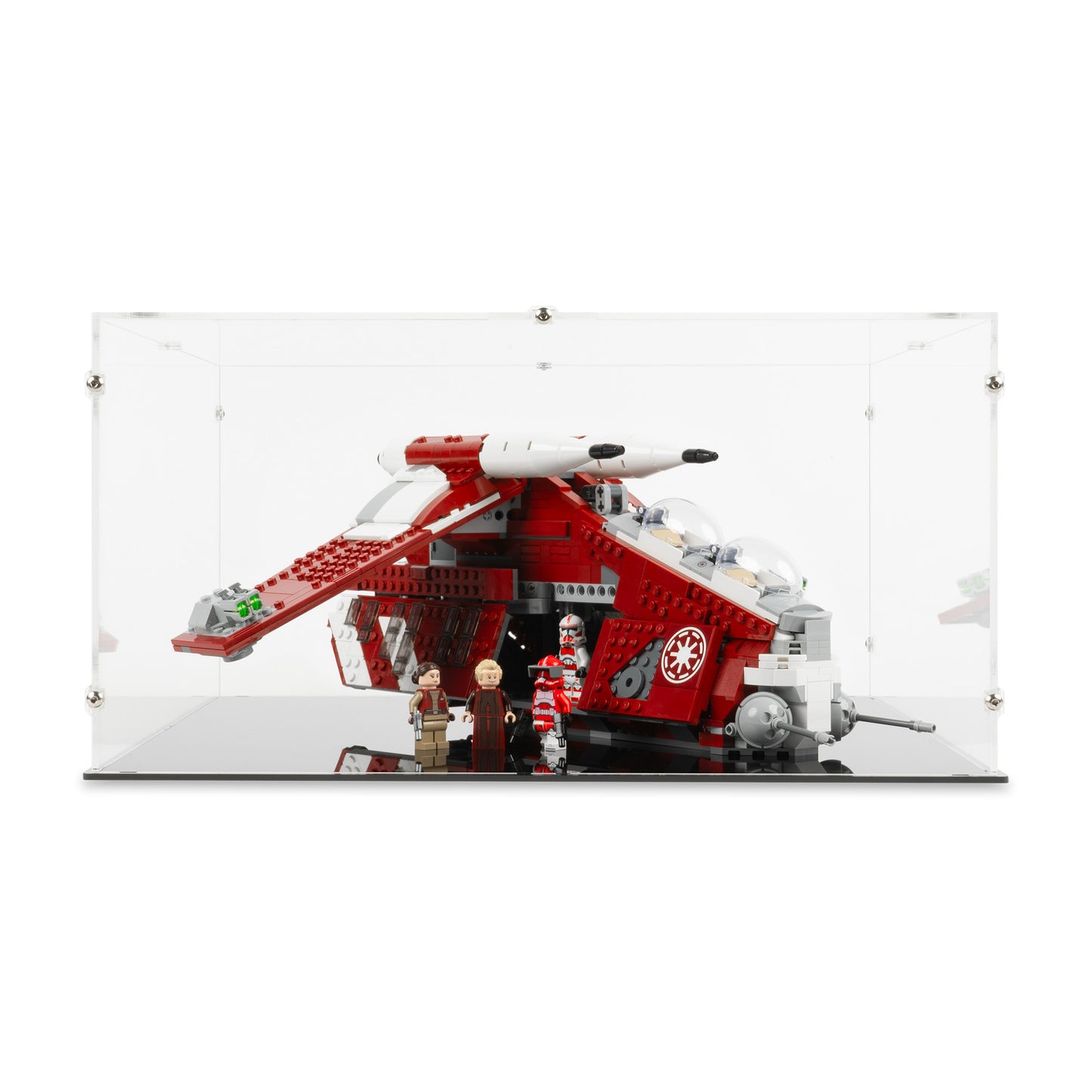 Front view of LEGO 75354 Coruscant Guard Gunship Display Case.