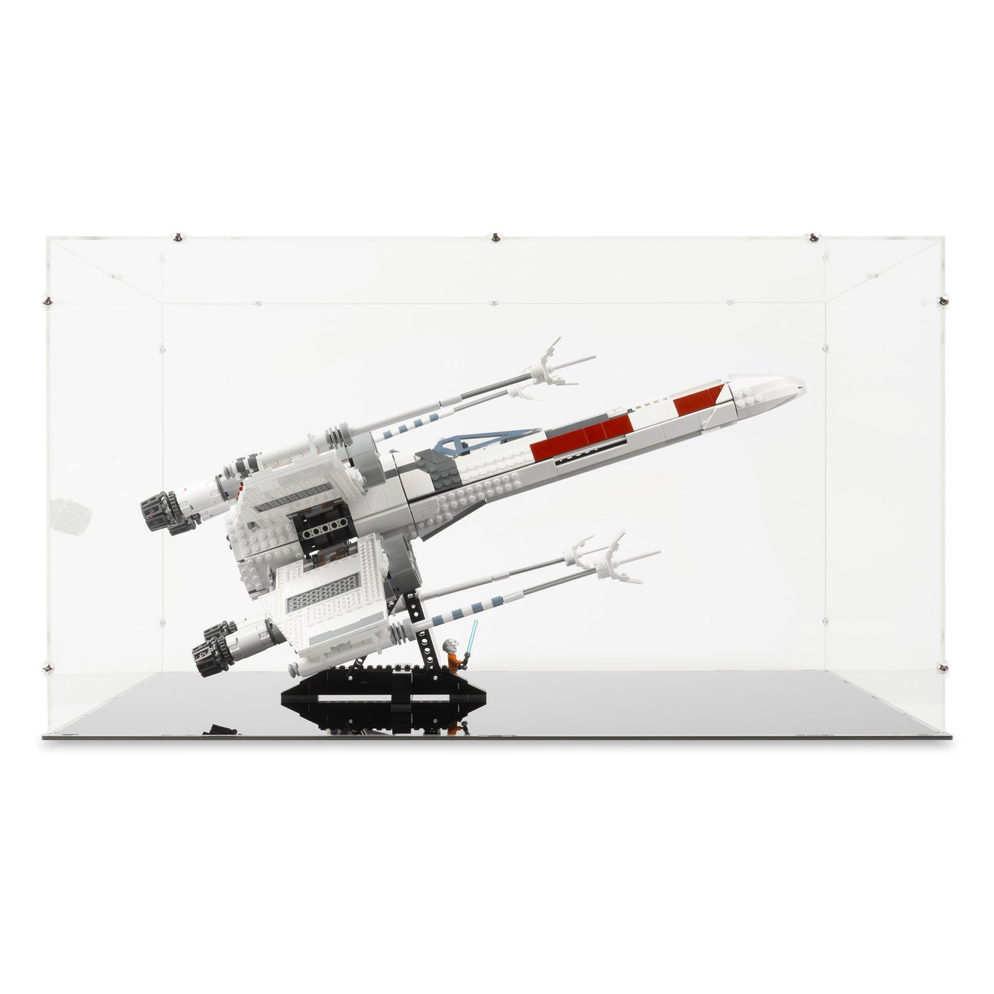 Front view of LEGO 75355 UCS X-Wing Starfighter Display Case.