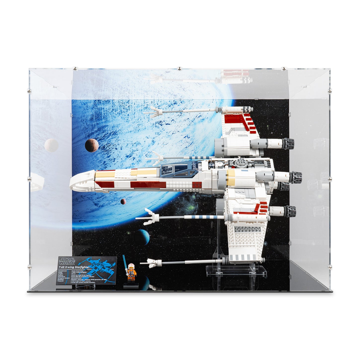 Front view of LEGO 75355 UCS X-Wing Starfighter Display Case and Stand with a UV printed background.