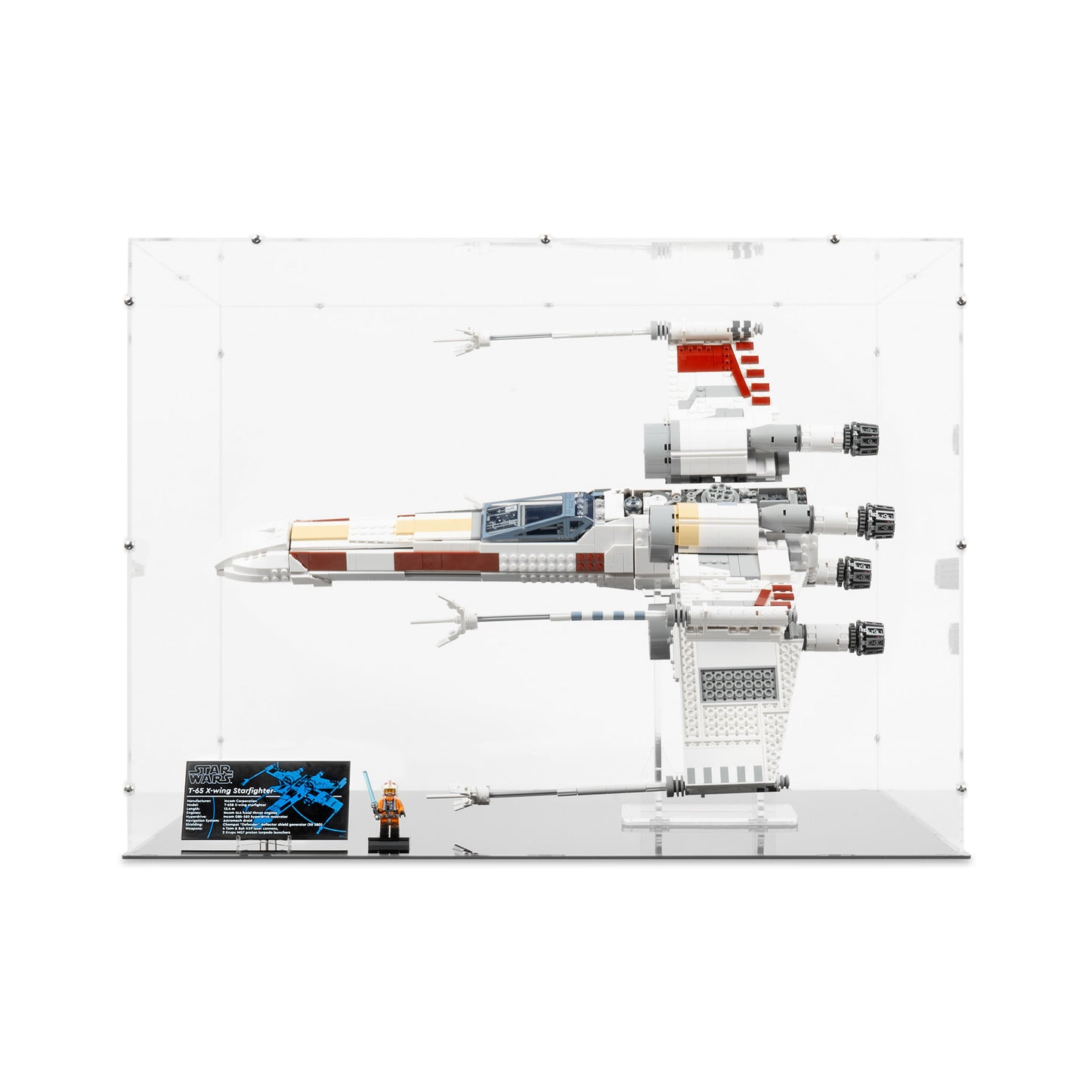 Front view of LEGO 75355 UCS X-Wing Starfighter Display Case and Stand.