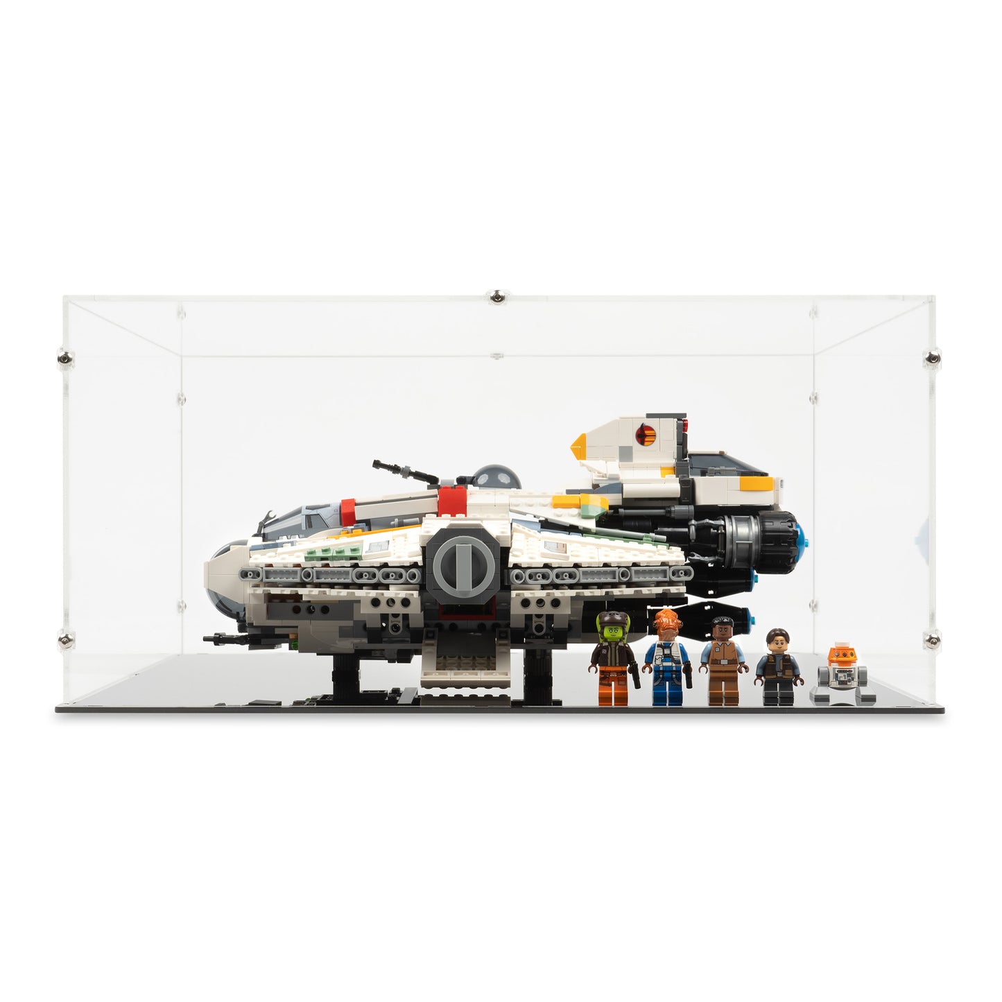 Front view of LEGO 75357 Ghost and Phantom II Display Case.