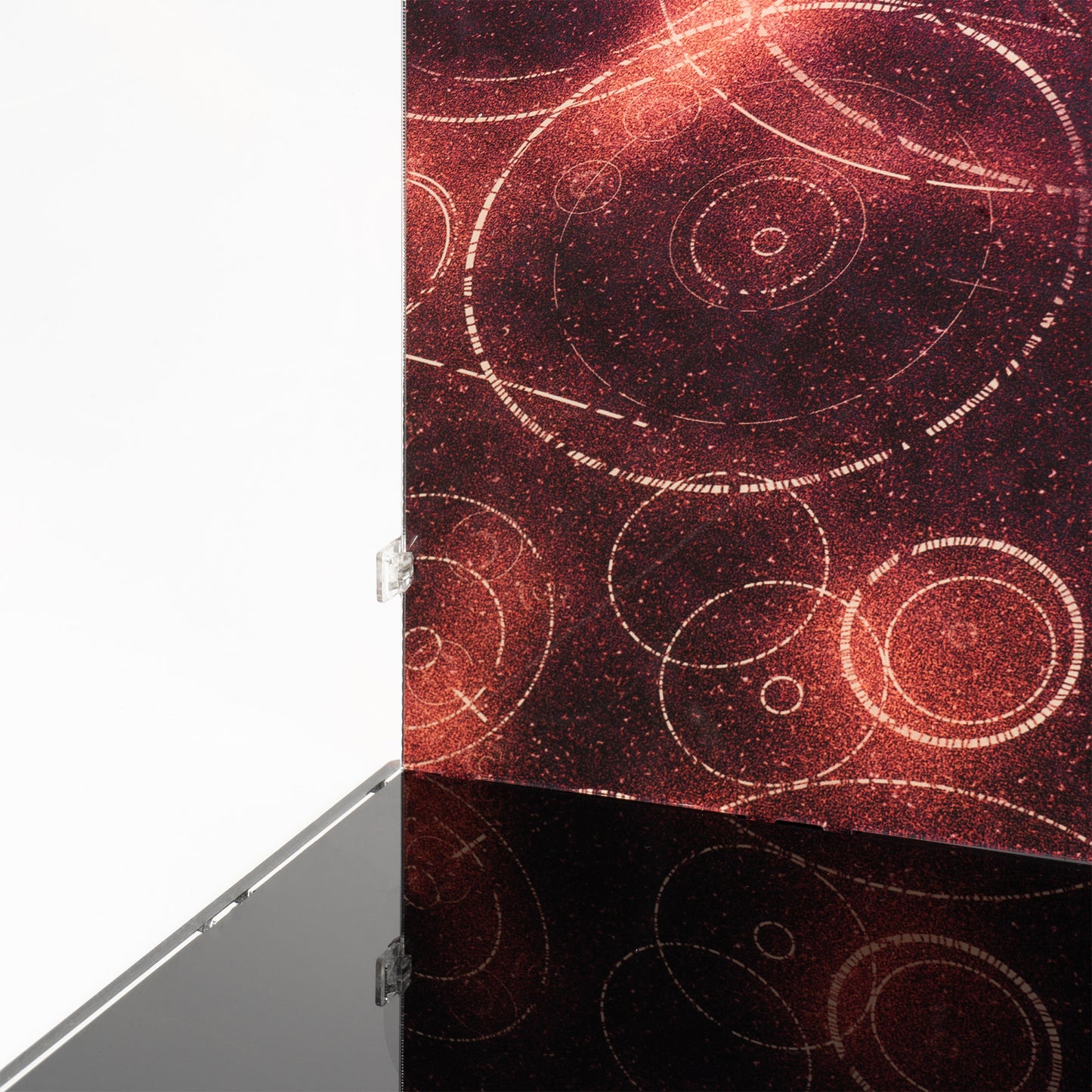 Coruscant detail view of LEGO 75367 UCS Venator-Class Republic Attack Cruiser Display Case with a UV printed background.