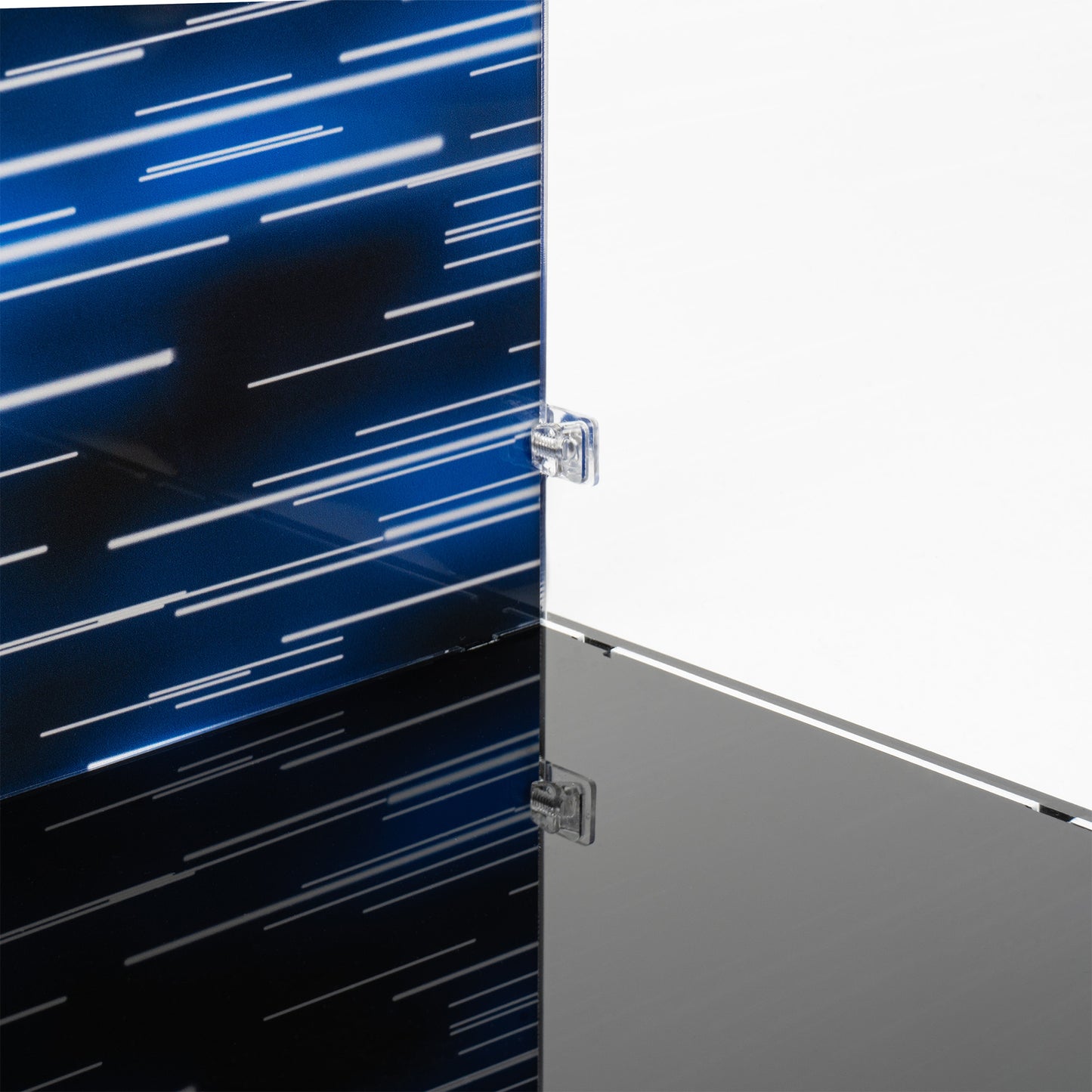 Corner detail view of LEGO 75375 Millennium Falcon Display Case with a UV printed background.