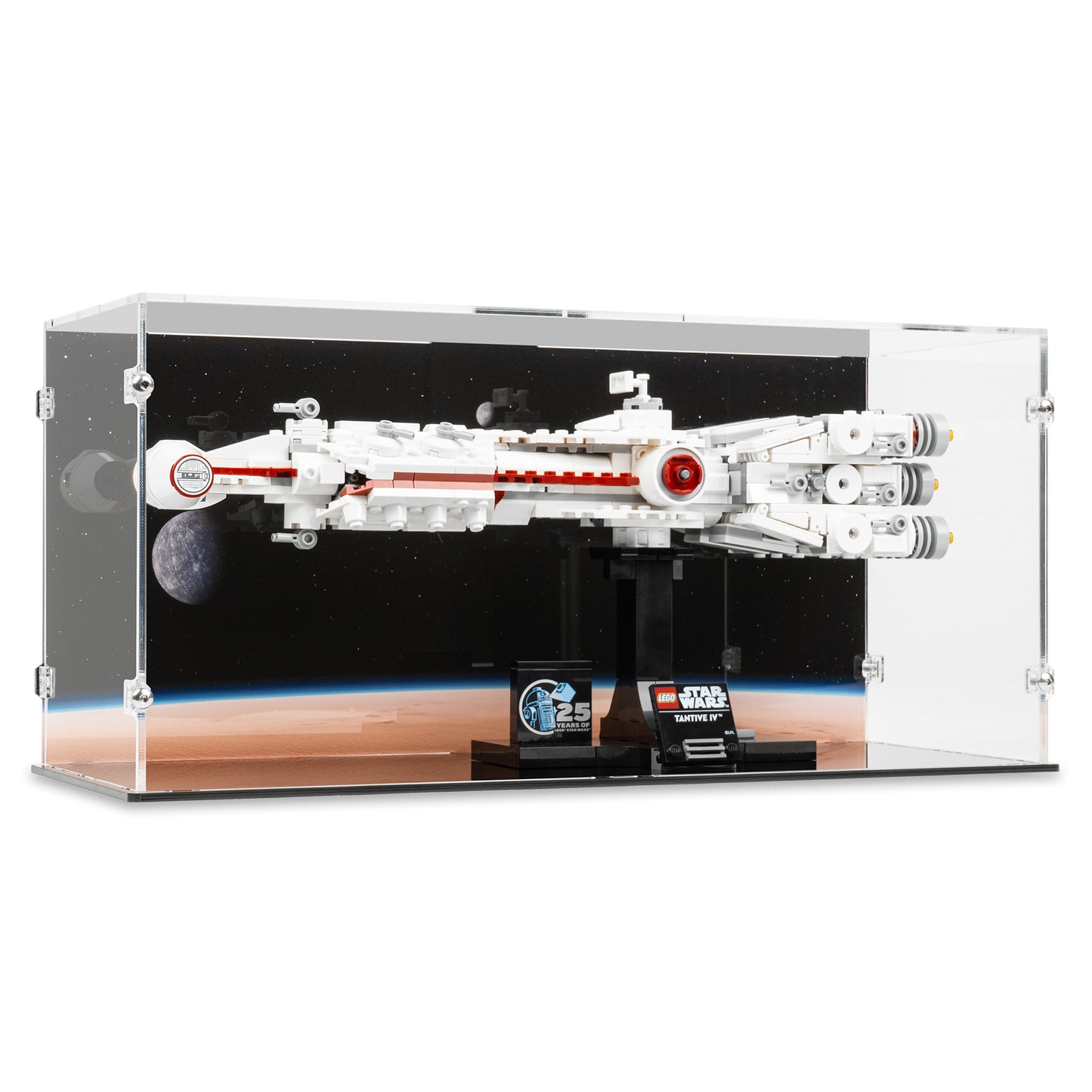 Angled view of LEGO 75376 Tantive IV Display Case with a UV printed background.