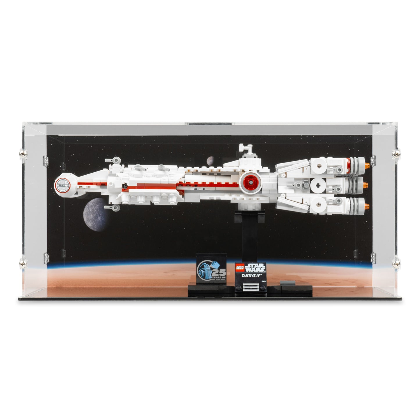 Front view of LEGO 75376 Tantive IV Display Case with a UV printed background.