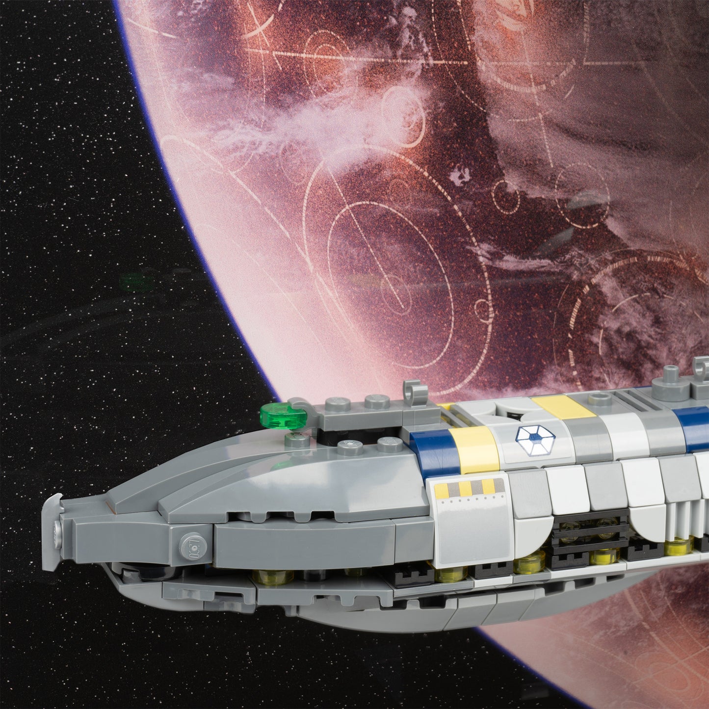 Ship detail view of LEGO 75377 Invisible Hand Display Case with a UV printed background.