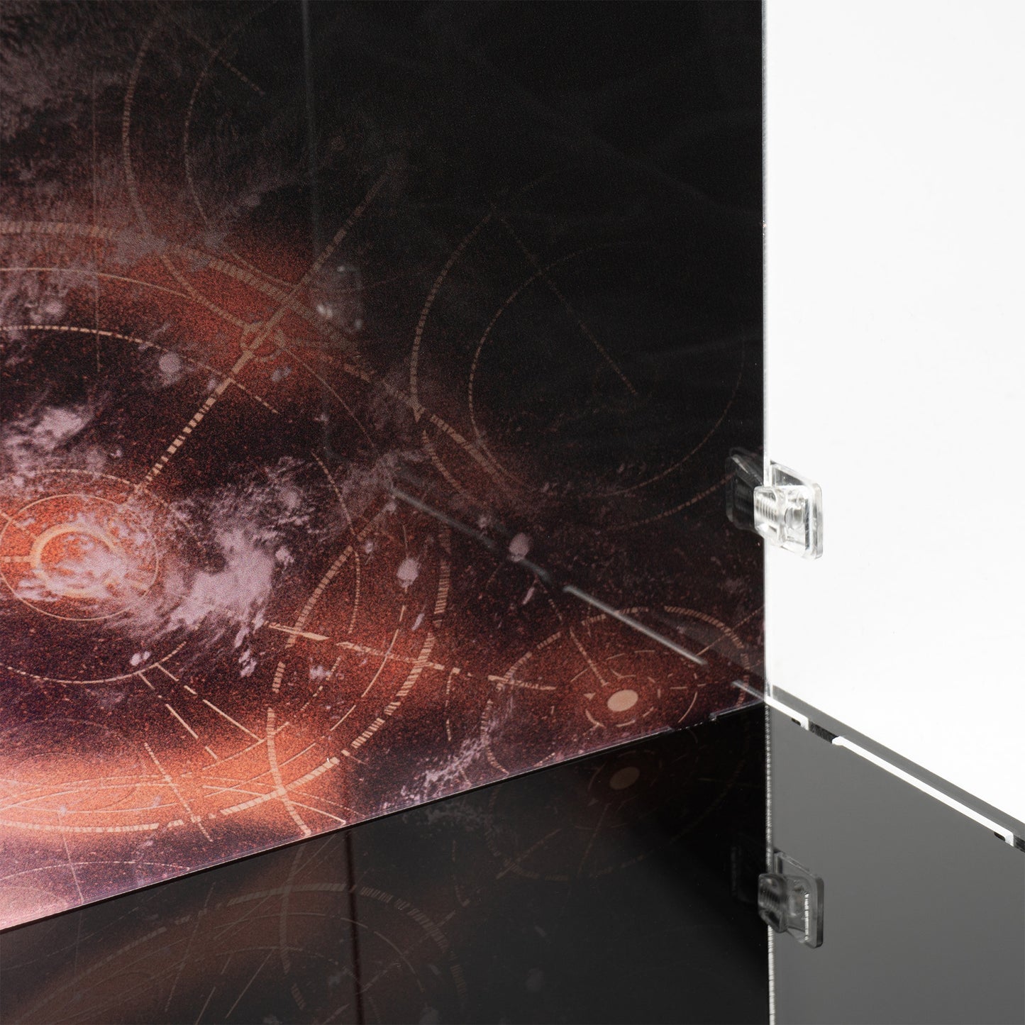 Corner detail view of LEGO 75377 Invisible Hand Display Case with a UV printed background.
