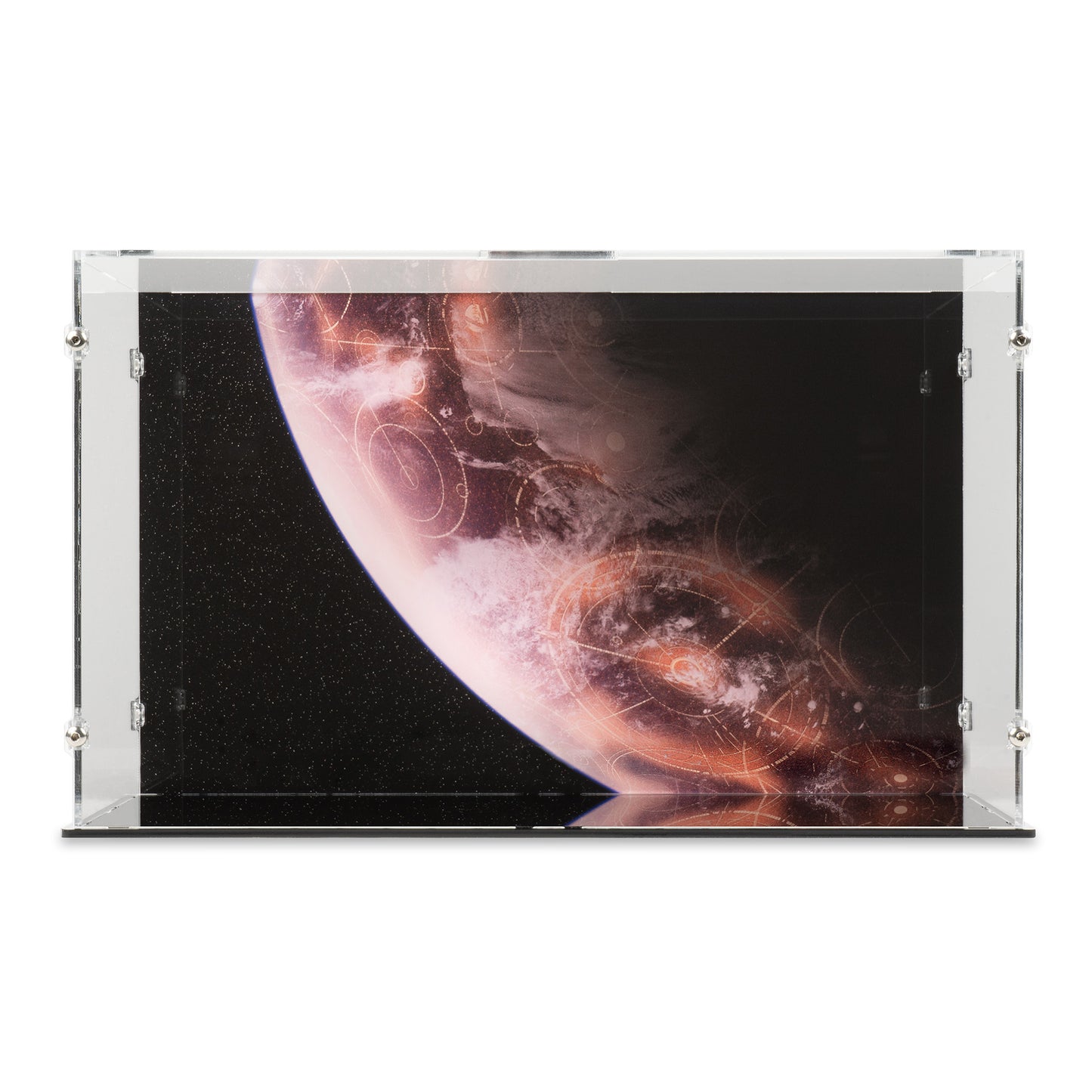 Front view of empty LEGO 75377 Invisible Hand Display Case with a UV printed background.