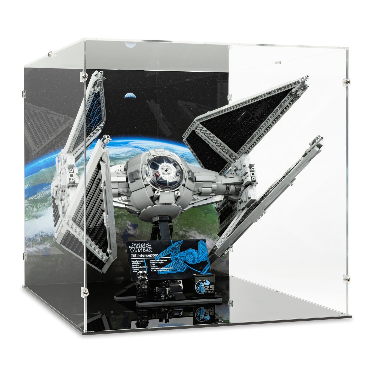 Angled view of LEGO 75382 UCS TIE Interceptor Display Case with a UV printed background.