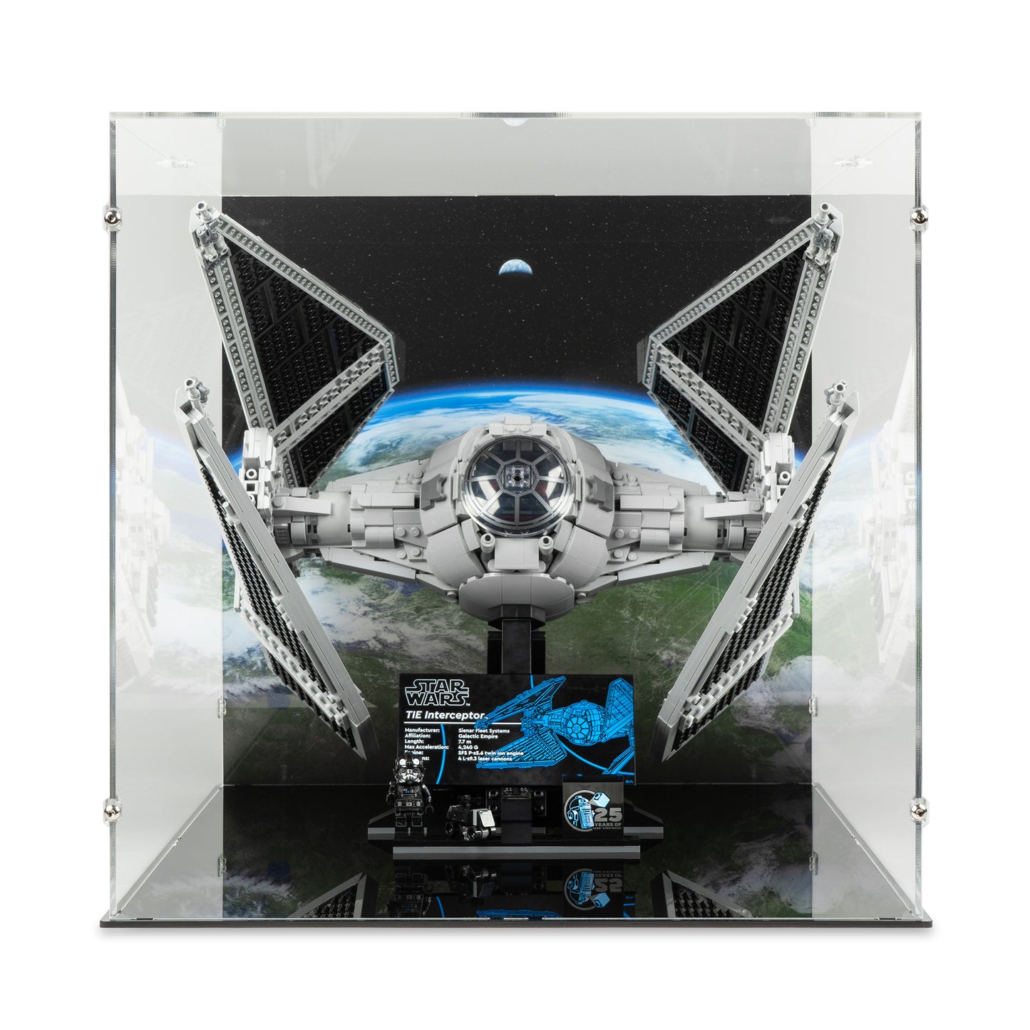 Front view of LEGO 75382 UCS TIE Interceptor Display Case with a UV printed background.