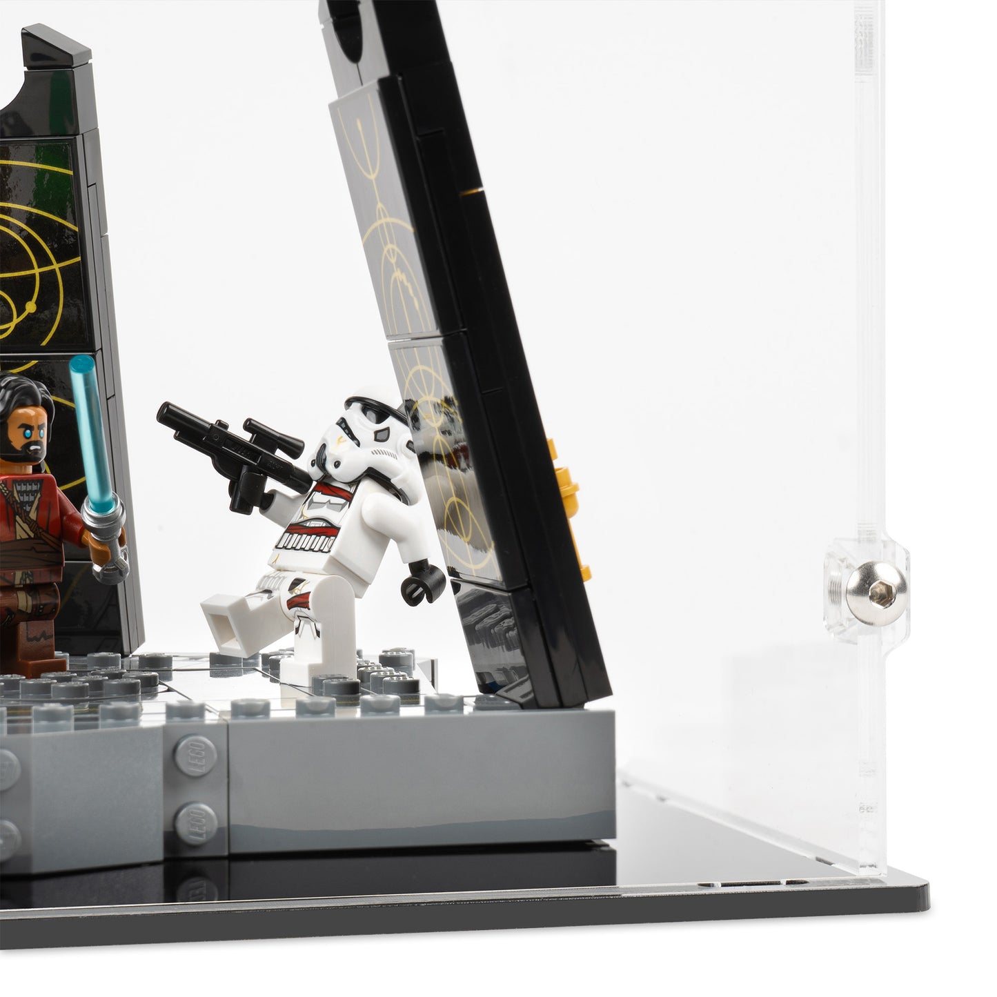 Fitting detail view of LEGO 75385 Ahsoka Tano's Duel on Peridea Display Case.