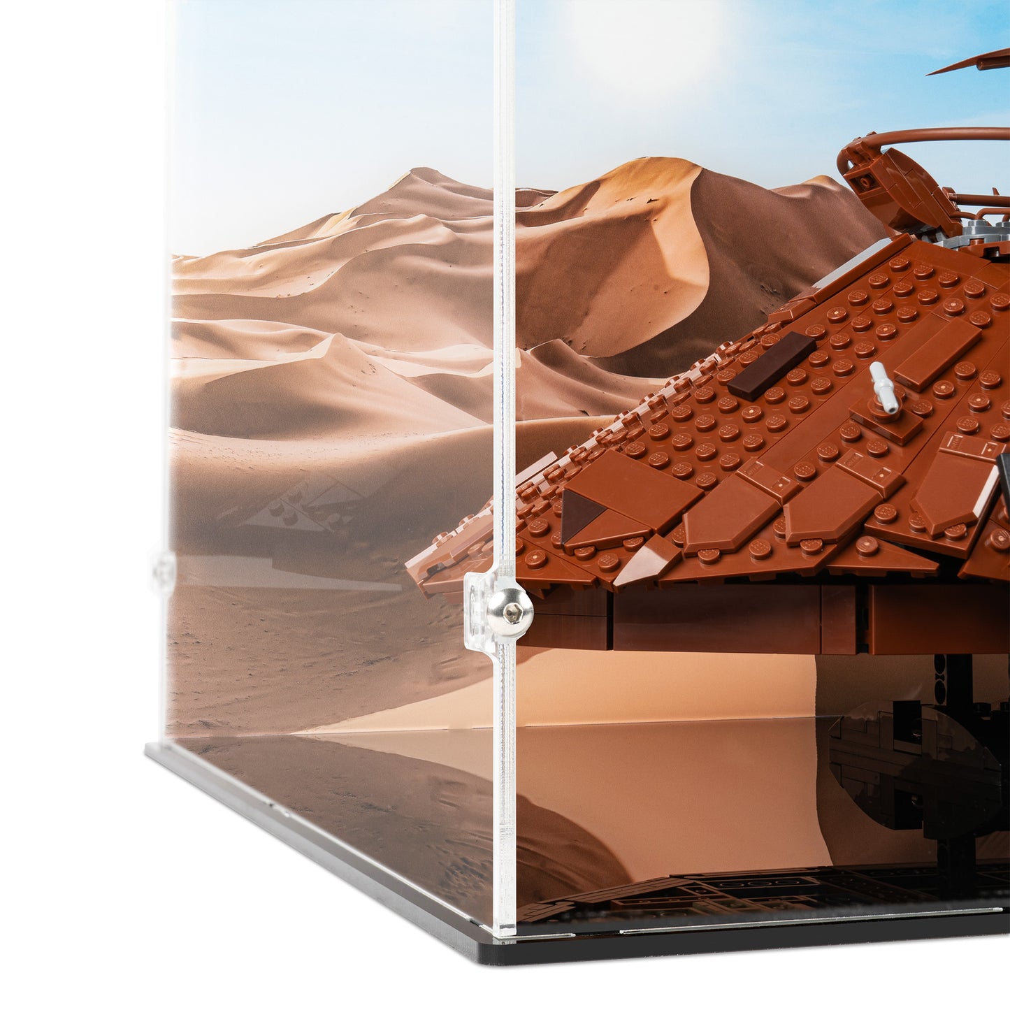 Fitting detail view of LEGO 75397 UCS Jabba's Sail Barge Display Case with a UV printed background.