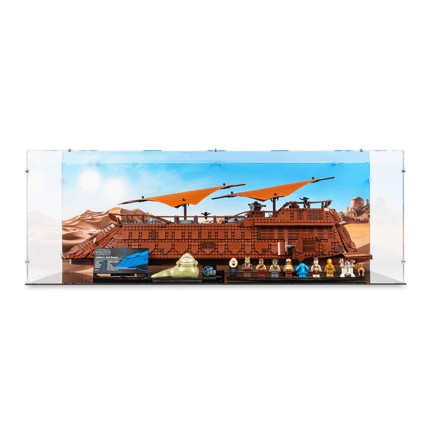 Front view of LEGO 75397 UCS Jabba's Sail Barge Display Case with a UV printed background.